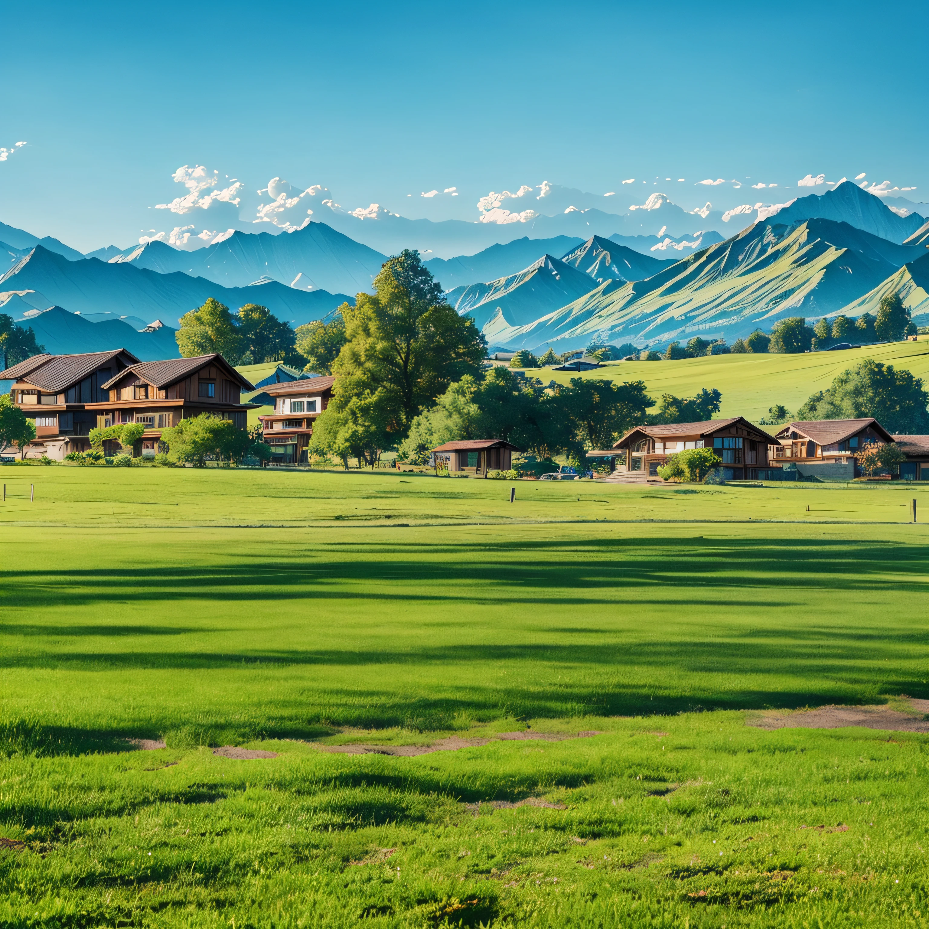 Switzerland, paisagem, Swiss Alps, casas tradicionais, fazenda, vacas no pasto, camera de longe, pintura de anuncios antigos, formato horizontal, --auto