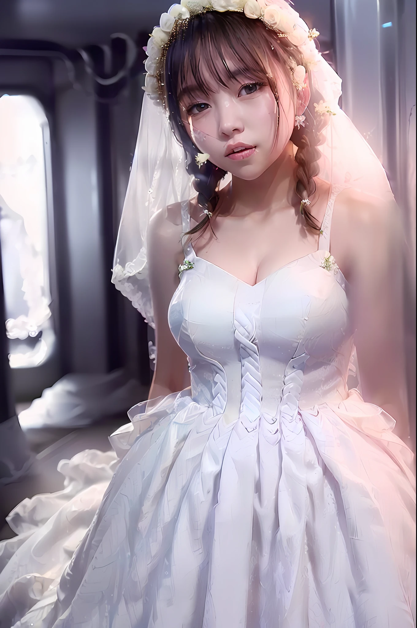 A masterpice、best quality, 1girls, (Skindentation), {{Too huge breasts!!}}, (days), Brighter, blured background, (Street:0.6), (Braided bangs, hair wavy:1.5), (see through dress:1.8), (wedding dress:1.8), (Tube Top Wedding Dresses:1.8)、(Dress with open chest)、Protruding breasts、a gorgeous, (Floating hair:1.2), (dinamic pose:1.8), Soft lighting,