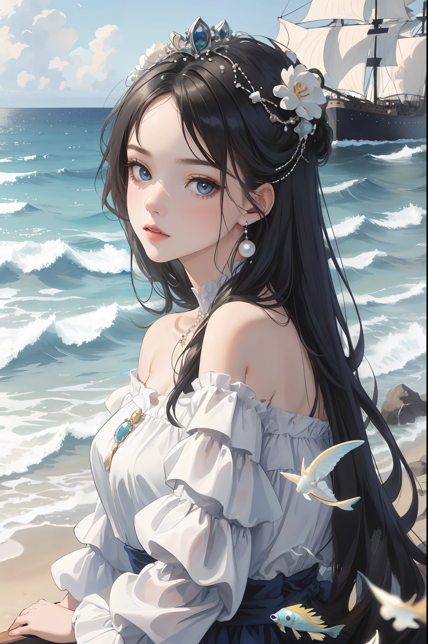 The Masterpiece, Best quality, The Masterpiece,,Milf woman,One Man,Long navy blue hair,empy eyes,puled up dress,gargantilha,pearls,seashells,sea waves,seas,the sea,fishes,ship,ultra-details,Best Picture Quality,White Crown,The Masterpiece,need,head ornaments,hair ornament,Complex details,off the shoulder,Fairy of the Divine Realm