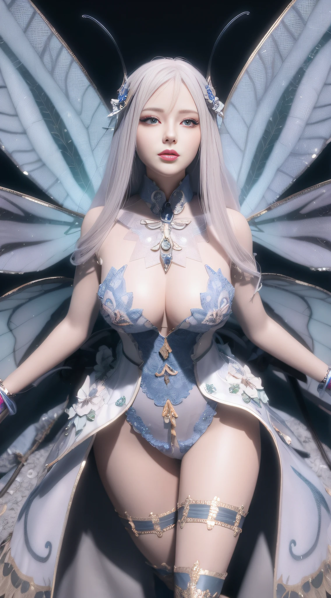 a close up of a woman in a fairy costume with wings, 4 K detail fantasy, hyperdetailed fantasy character, extremely detailed goddess shot, ethereal wings, Goddess. Extremely high detail, 8K high quality detailed art, a beautiful fantasy empress, cinematic goddess body shot, 3 d render character art 8 k, pale milky white porcelain skin, unreal engine render + A goddess