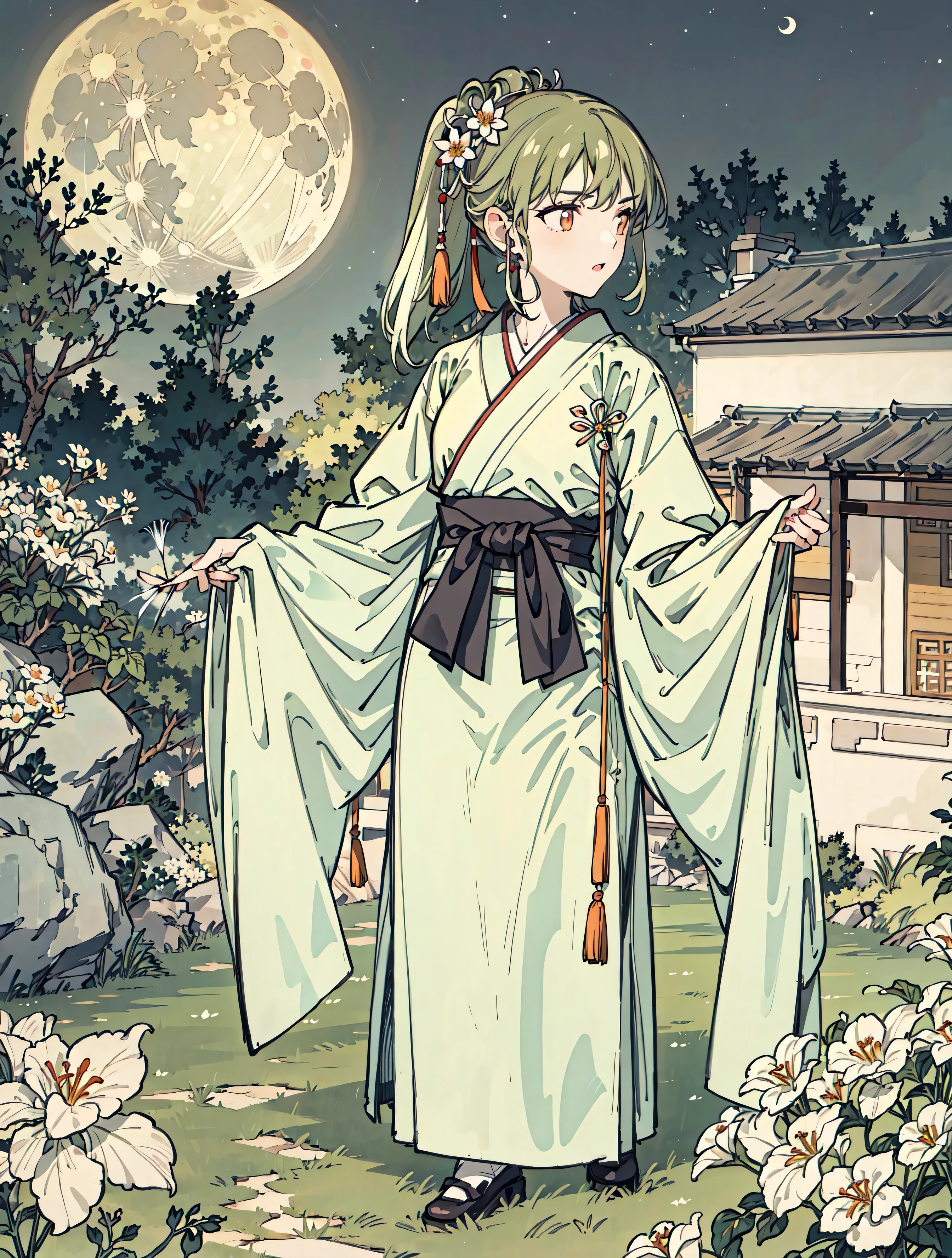best quality, high_resolution, distinct_image, detailed background ,girl, hanbok,flower,garden,moon, night,