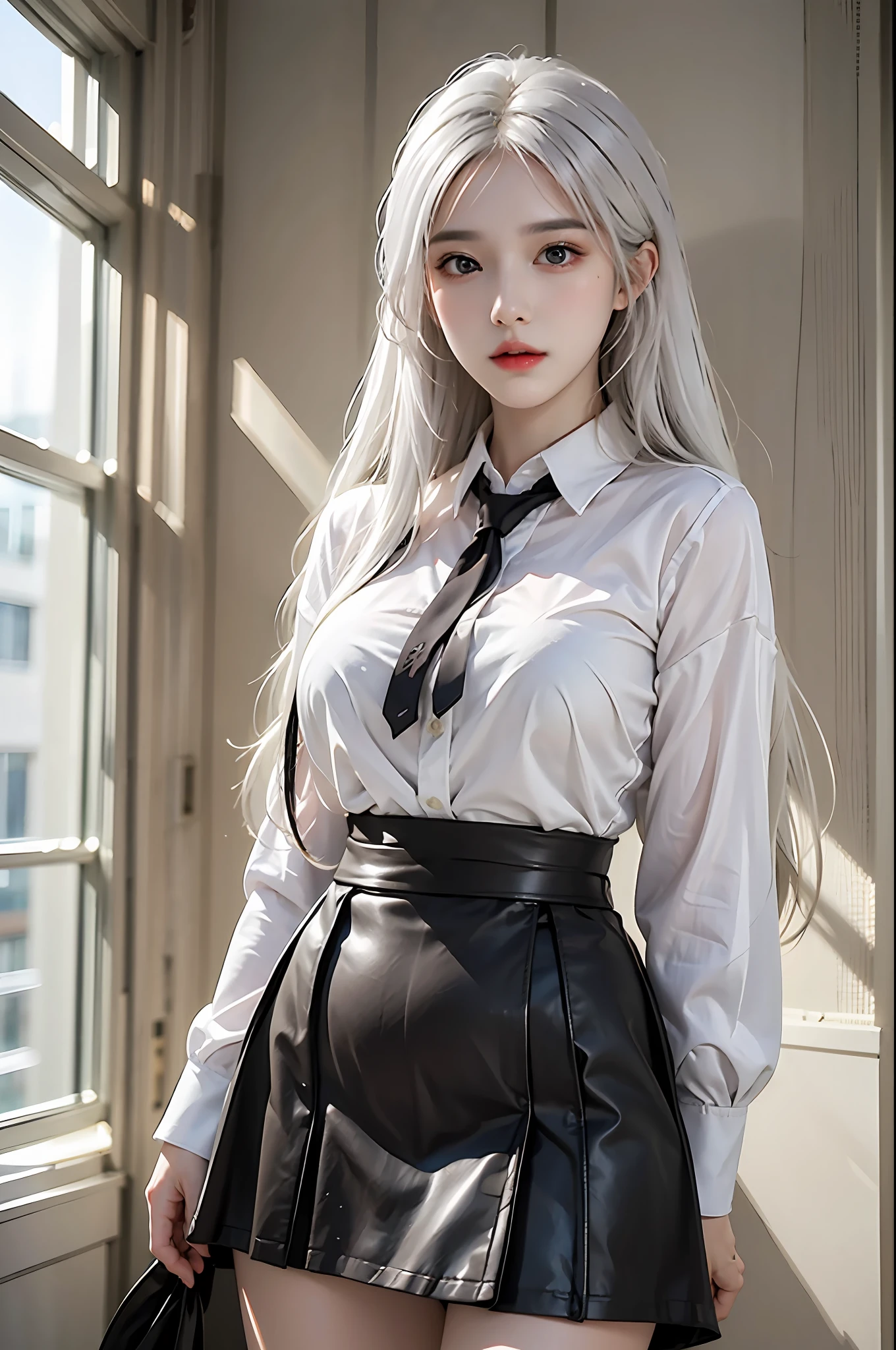 photorealistic, high resolution, 1 girl, white hair, long hair, beautiful eyes, collared shirt, skirt, normal breast