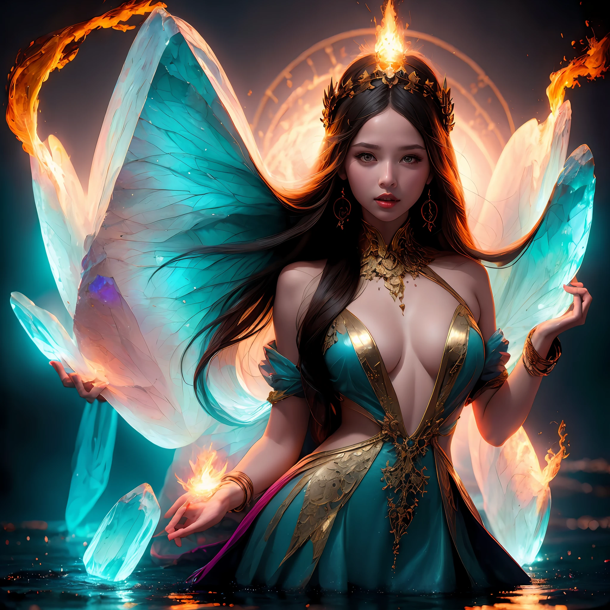 A naked woman with mixed bodies and flames,Full close-up, Stand in a disc on the water,Fire in the hands,A circle of fire is raging around the body,Mysterious red flame,The background is layers of icebergs,Towering icebergs,All Ice World,Endless icebergs,Dark blue light,Spooky atmosphere,Towering spires,Mysterious atmosphere,Art germ on ArtStation Pixiv, Goddess of Light, IG model | Art germ,
