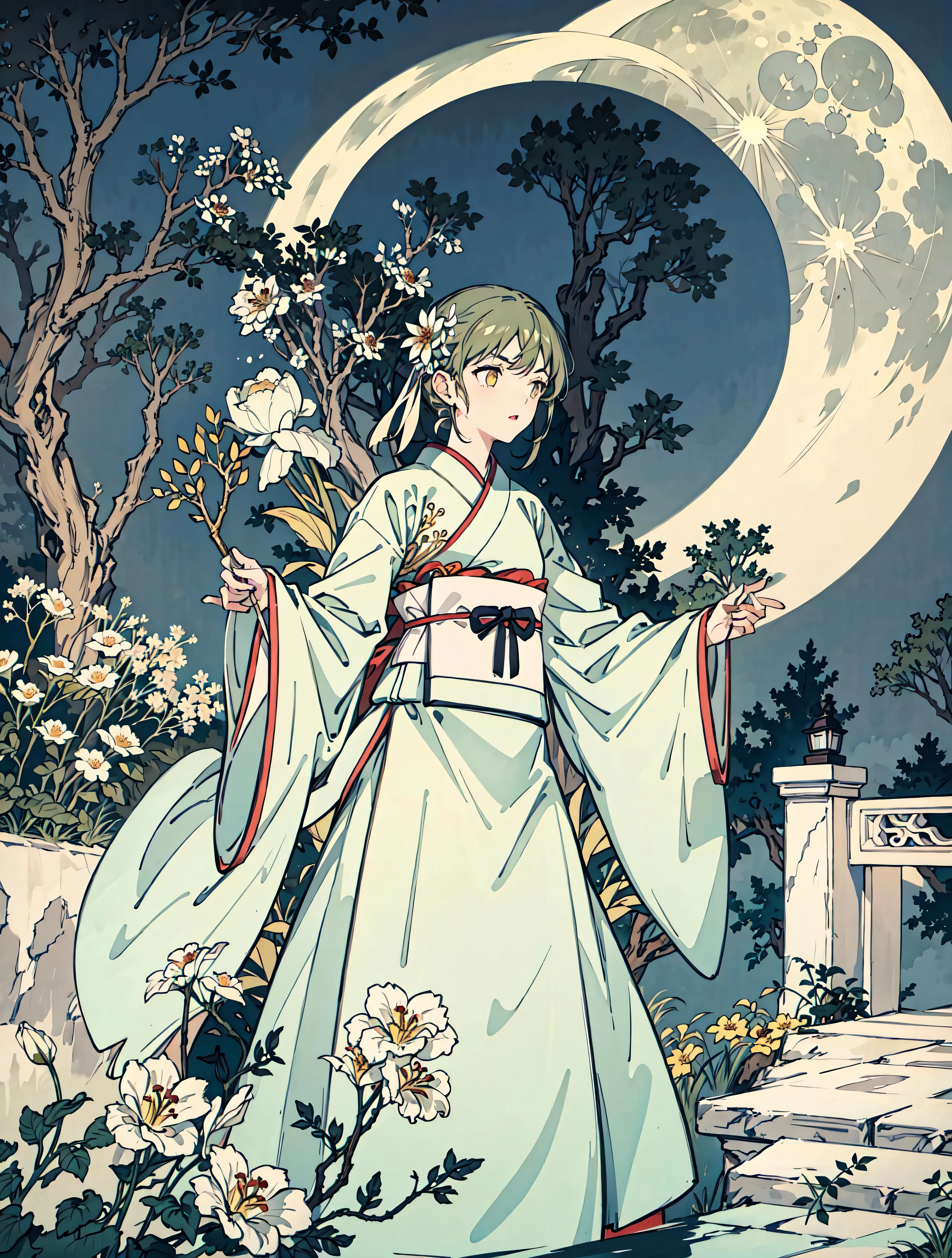 best quality, high_resolution, distinct_image, detailed background ,girl, hanbok,flower,garden,moon, night,