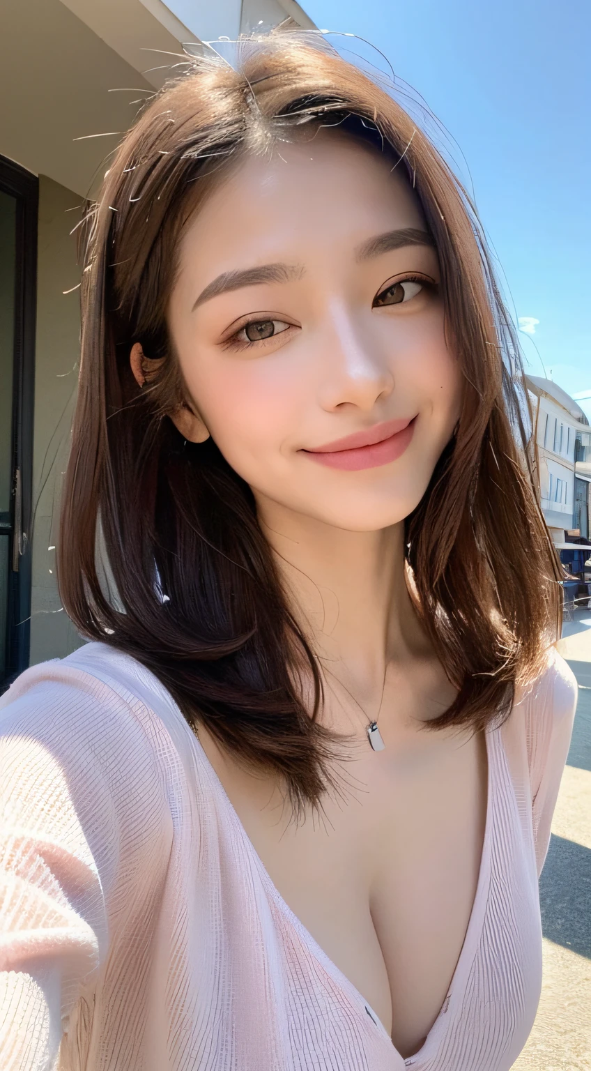 ((Best Quality, 8K, Masterpiece: 1.3)), 1girl, Slim Abs Beauty: 1.3, (Casual hairstyle, :1.2), Loose dress, super fine face, Delicate eyes, Double eyelids, smile. Take pictures in cute poses, very low figure, small waist, big breasts, close-up, close-up, beautiful background