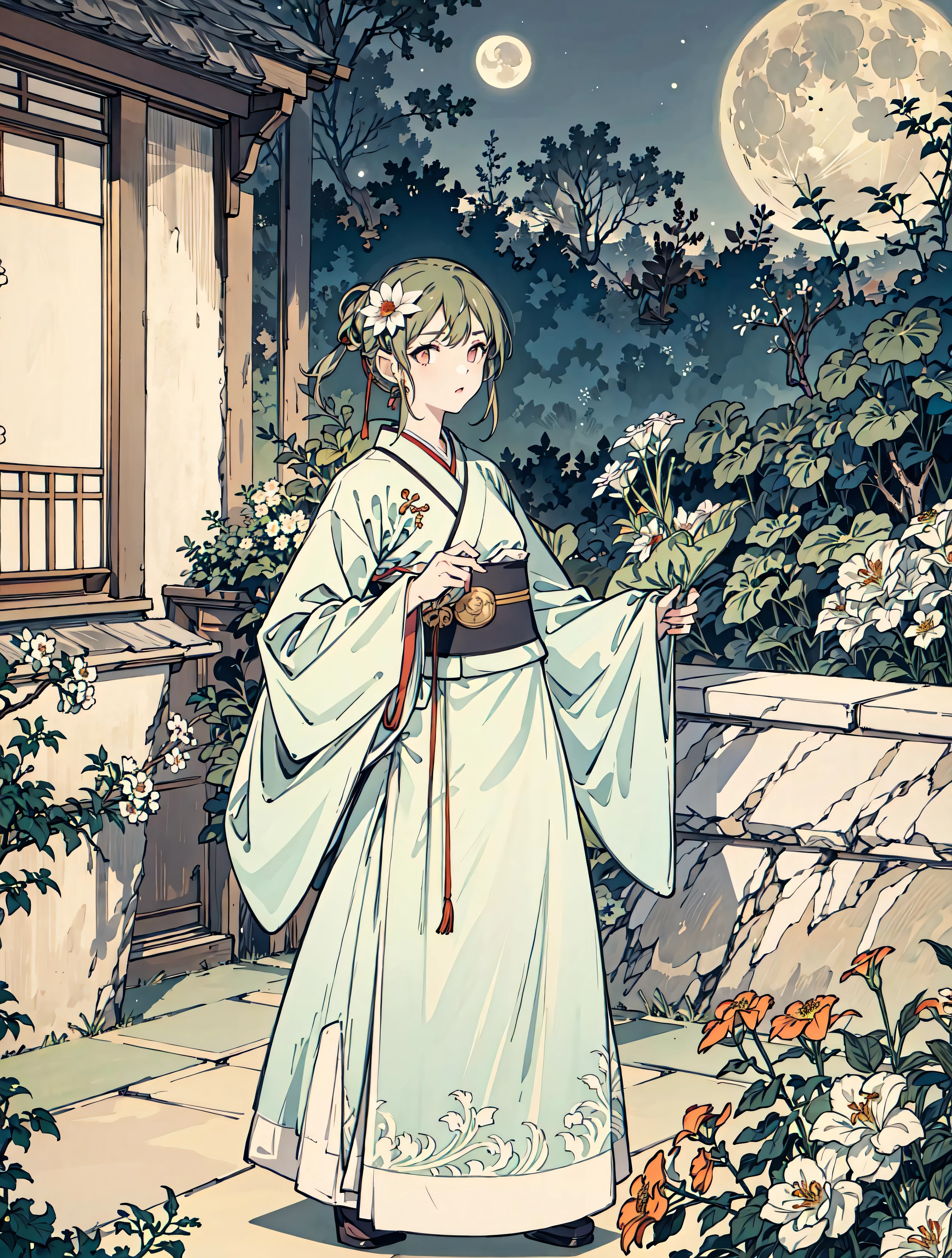 best quality, high_resolution, distinct_image, detailed background ,girl, hanbok,flower,garden,moon, night,