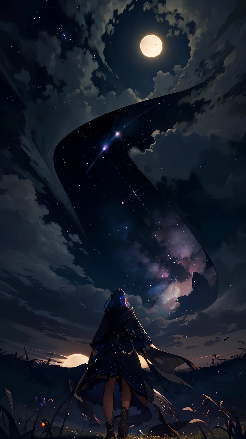 expansive landscape photograph , (a view from below that shows sky above and open field below), a boy with supernatural outfit standing on flower field looking up,(close portrait:1.2)(full moon:1.2), ( shooting stars:0.9), (nebula:1.3), distant mountain, tree BREAK
production art, (warm light source:1.2), (lighting grass:1.2),short trees with super leafs, lot of purple and orange, intricate details, volumetric lighting, realism BREAK,(dark:1.2)
(masterpiece:1.2), (best quality), 4k, ultra-detailed, (dynamic composition:1.4), highly detailed, colorful details,( iridescent colors:1.2), (glowing lighting, atmospheric lighting), dreamy, magical, (solo:1.2)
