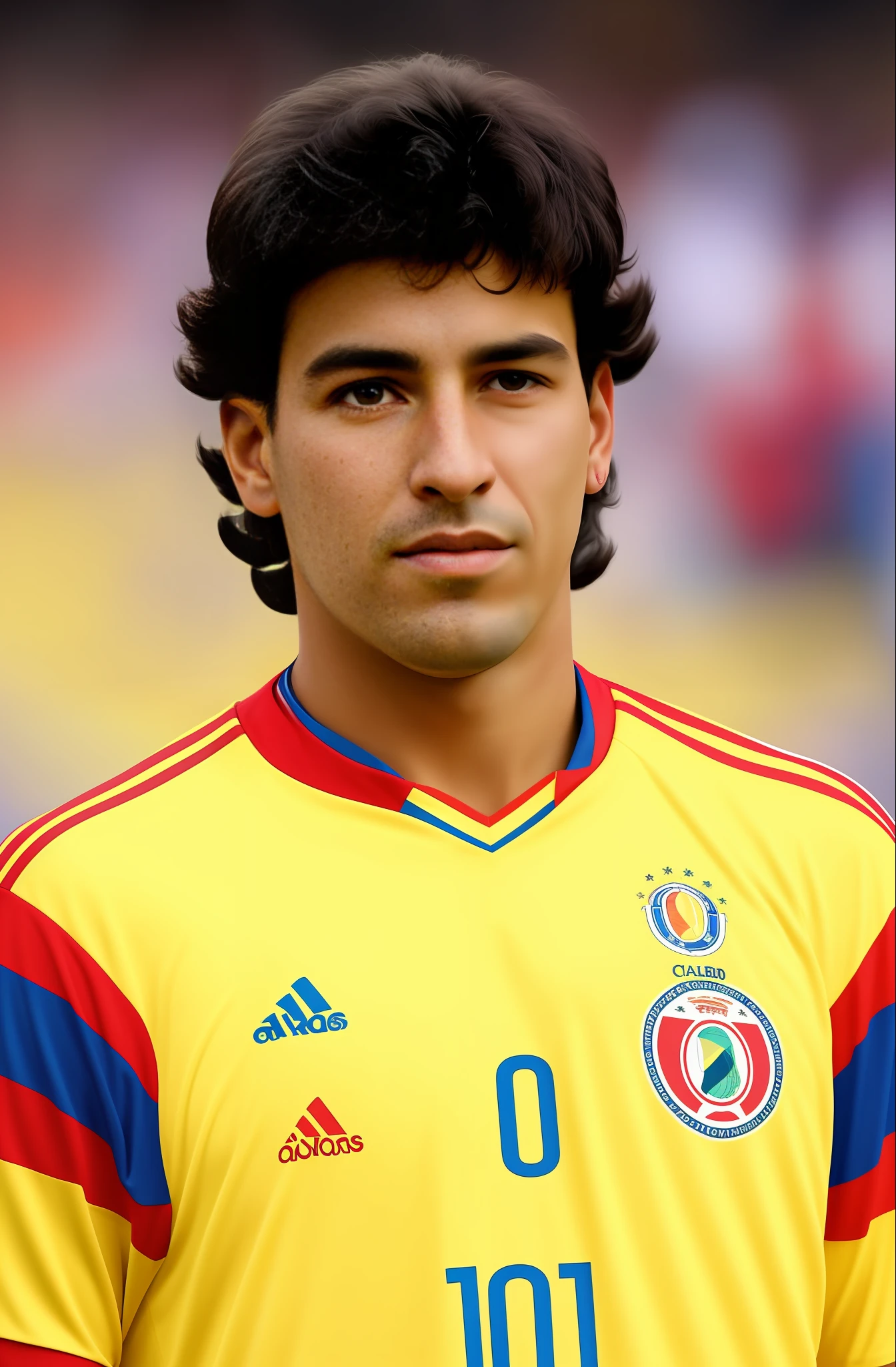 Draw a realistic picture of young Andres Escobar alone with the Colombian national team jersey