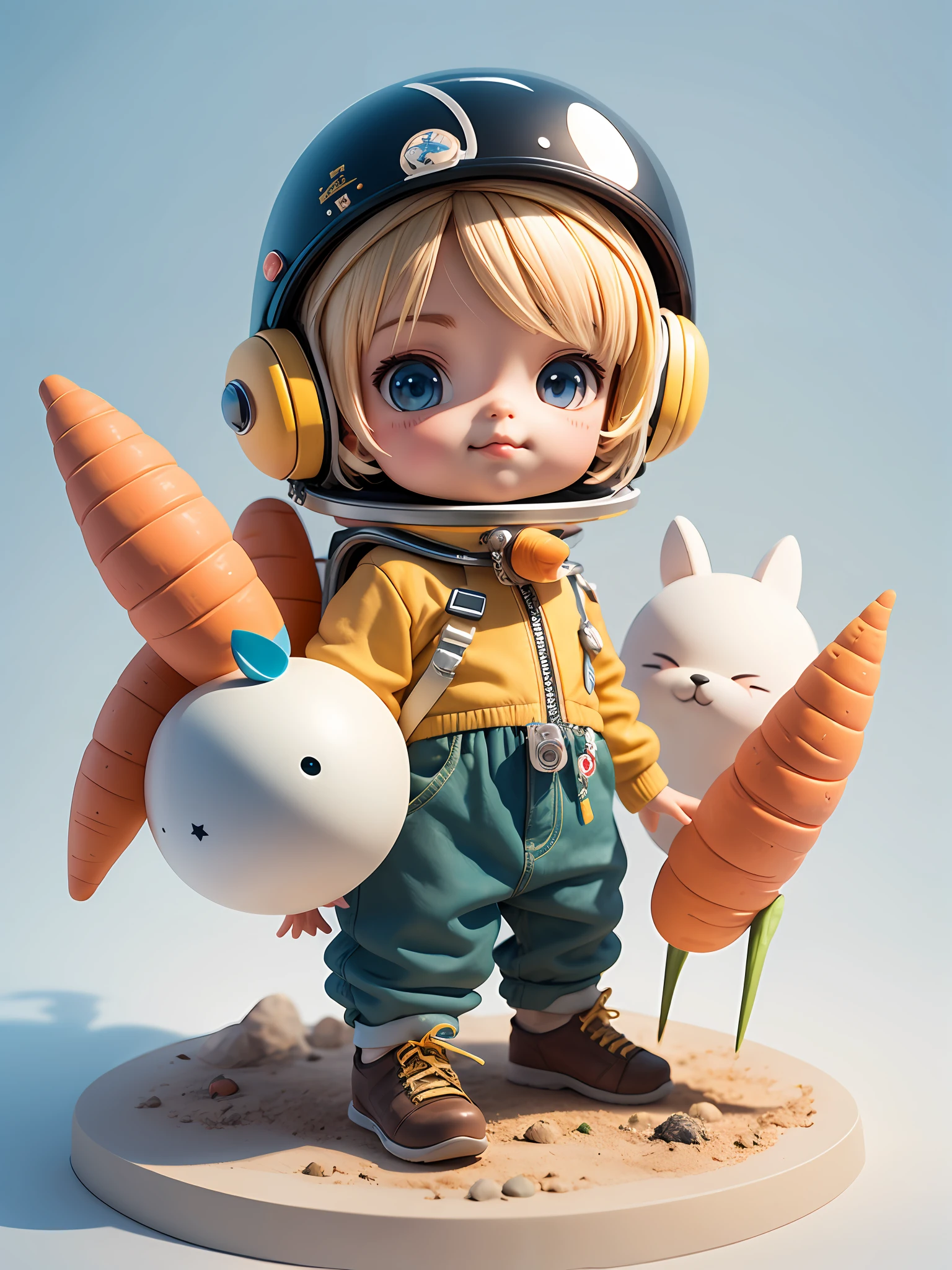 There is a small doll with a helmet and helmet，Holding a large carrot，Cute 3d rendering，small astronaut looking up，Portrait anime space cadet boy，Cute 3d anime boy rendering，cute detailed digital art，Male explorer mini cute boy，Stylized 3D rendering，3D Rendering Character Art 8K，cute digital painting，Anime style 3D，Super detailed rendering