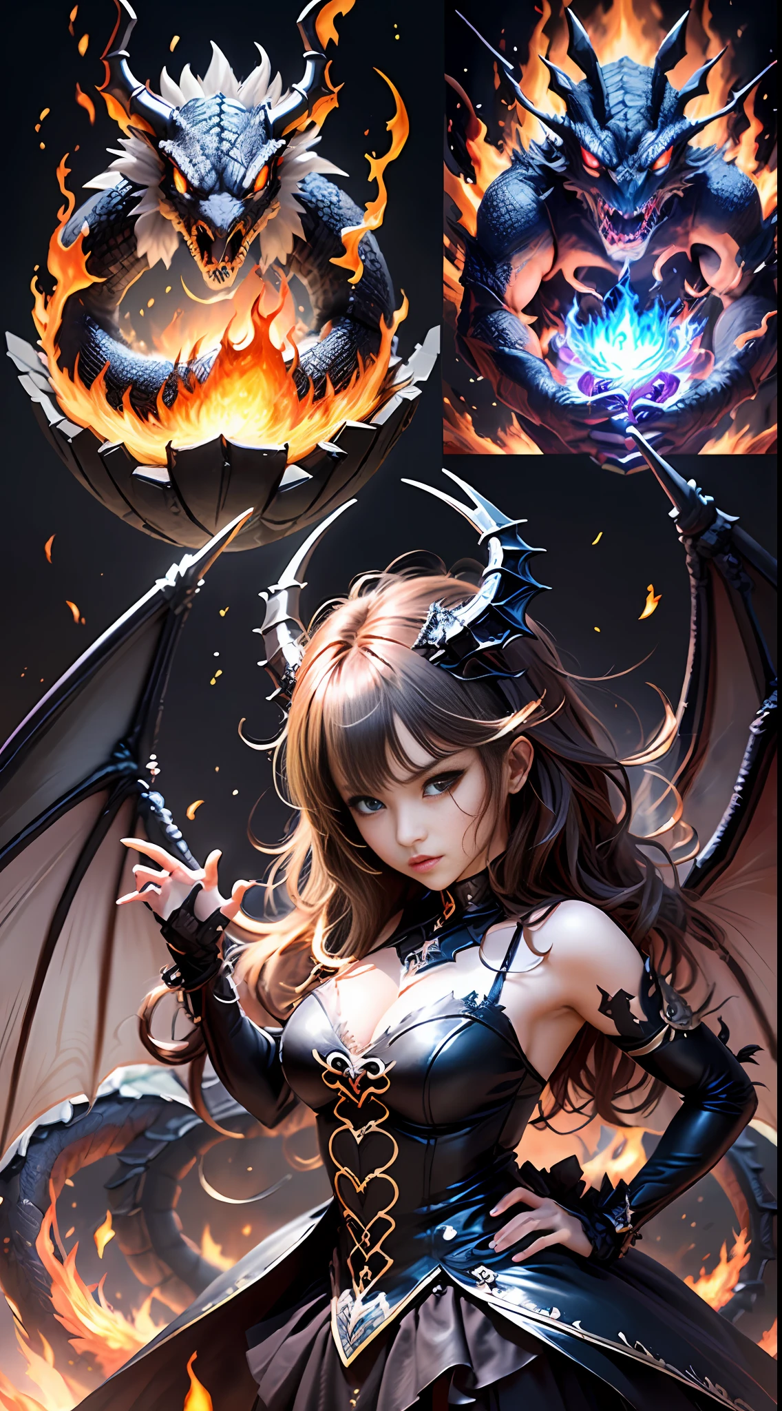 hi,ela!Please create a dark creature,Nice moth angel,Magical dark angel,pretty eyes。Explore your creativity,Depicting this mysterious and fictional creature。using vibrant colors、Unique shapes and interesting textures,Make your images unique and engaging。I'm glad to see you on the whole body,Random posture,Random gestures,Random costumes,Dark costumes,Dark magic,Black magic ball,(A young angel,prette,moths、Fire magic,Mount the fire dragon,Fire dragons fly,Covered in flames, a huge dragon head was revealed,Lightning balls,Big fireball,Magic Battlefield,Magic Wars,Beautiful posture,Cast spells silently,burst:1.3)of artistic interpretation,