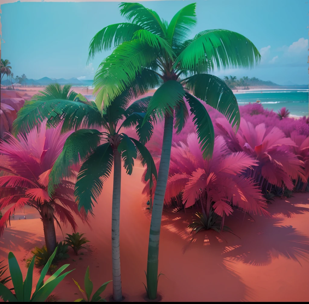 ((Best quality)), ((masterpiece)), (highly detailed:1.3),palm tree on a pink and blue background, tropical trees, tropical palms, palm trees, palm trees on the beach, coconut trees, palm trees in the background, tropical atmosphere,hyperrealistic,hyperrealism,hyperdetailed