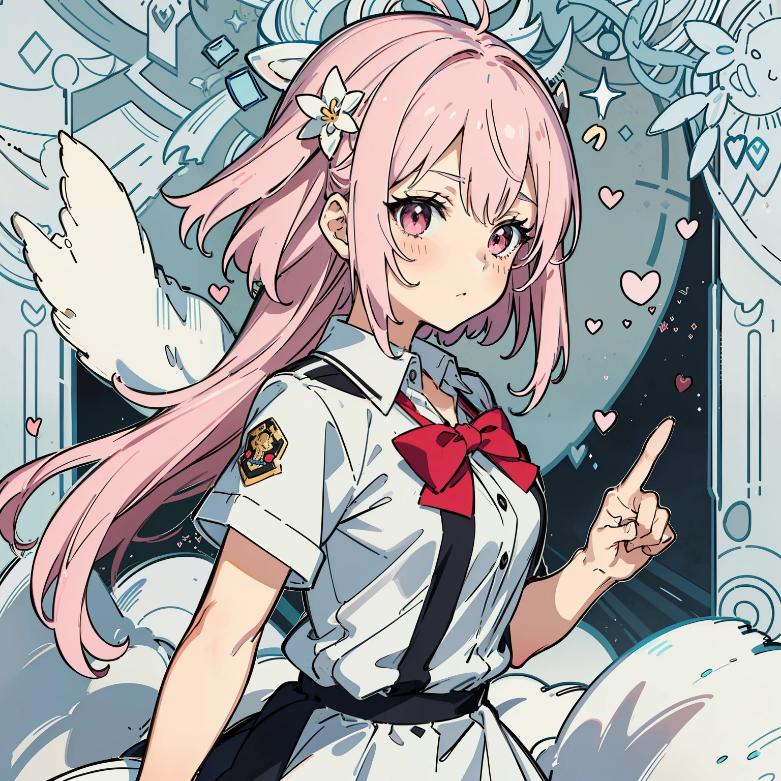 a pink haired anime girl in school uniform pointing her finger, in the style of humor meets heart, light crimson and white, sōsaku hanga, blocky, eye-catching, bombacore,