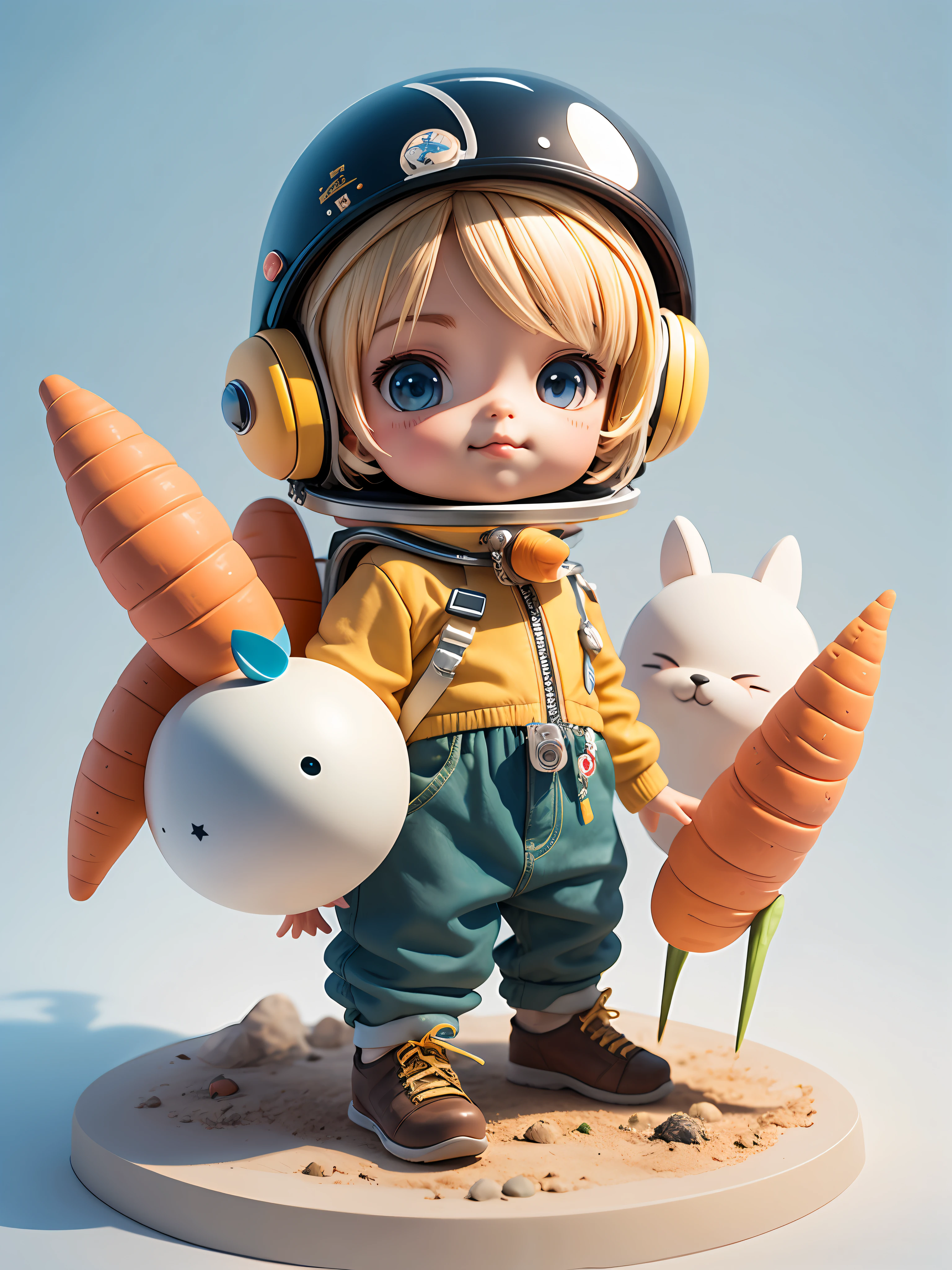 There is a small doll with a helmet and helmet,Holding a large carrot,Cute 3d rendering,small astronaut looking up,Portrait anime space cadet boy,Cute 3d anime boy rendering,cute detailed digital art,Male explorer mini cute boy,Stylized 3D rendering,3D Rendering Character Art 8K,cute digital painting,Anime style 3D,Super detailed rendering