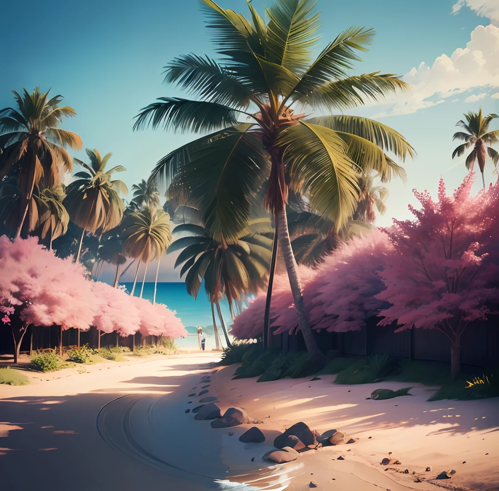 ((Best quality)), ((masterpiece)), (highly detailed:1.3),palm tree on a pink and blue background, tropical trees, tropical palms, palm trees, palm trees on the beach, coconut trees, palm trees in the background, tropical atmosphere,hyperrealistic,hyperrealism,hyperdetailed