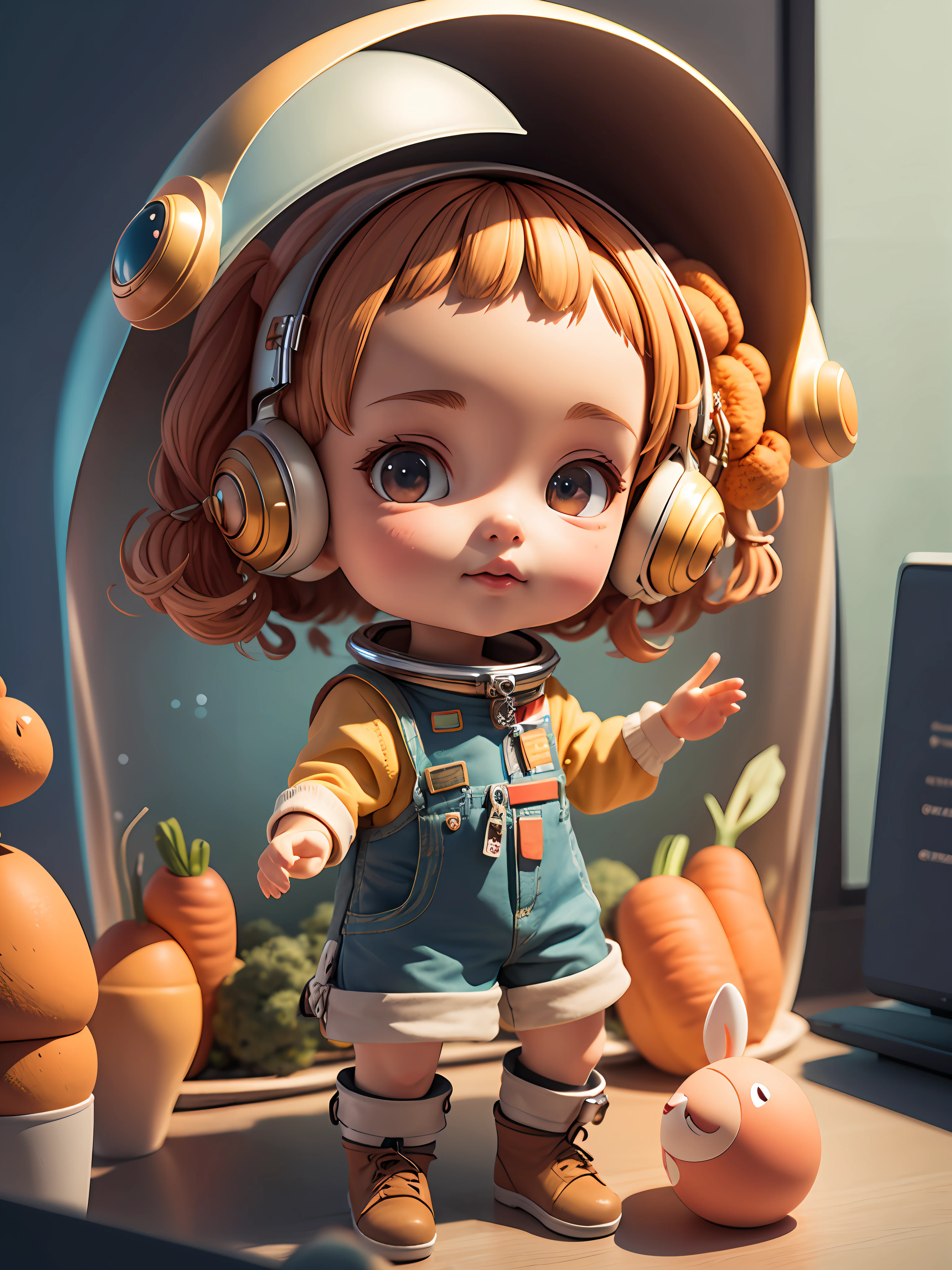 There is a small doll with a helmet and helmet,Holding a large carrot,Cute 3d rendering,small astronaut looking up,Portrait anime space cadet boy,Cute 3d anime boy rendering,cute detailed digital art,Male explorer mini cute boy,Stylized 3D rendering,3D Rendering Character Art 8K,cute digital painting,Anime style 3D,Super detailed rendering