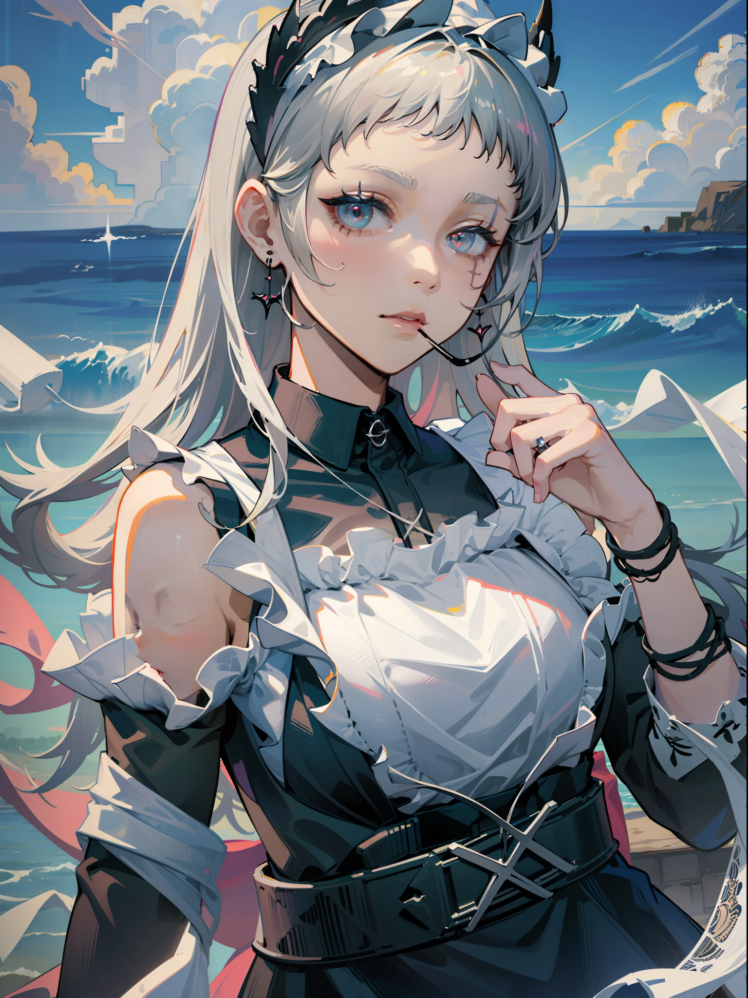 Character CG, HD CG, Advanced rendering, maid, lipsticks, whitehair, Bracelet, the ring, Wristbands, Bandages, raincoat, Lolita swimsuit, frils, lacing, Gothic style, Bare shoulders, Put your hand to your mouth, dynamic angle, Water magic, beachside, sandbeach, Cinematic lighting, partially underwater shot, high detail, chiaroscuro, UHD, textured skin, super detail, best quality, masterpiece, ccurate, high details, anatomically correct, high quality