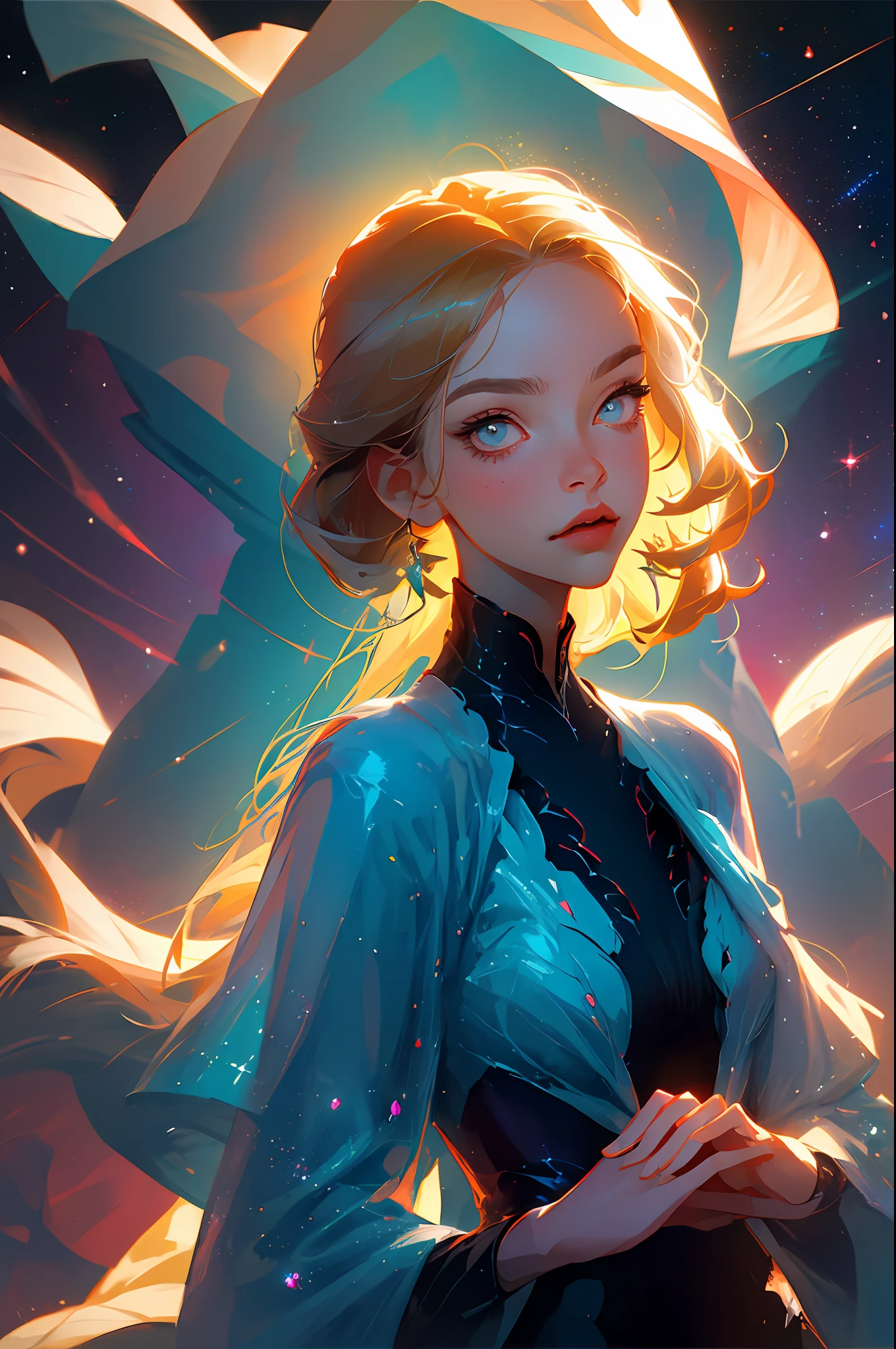 (best quality, masterpiece), 1girl, pose, particle, wind, flower, upper body, simple background, looking at viewer, blonde, galaxy,