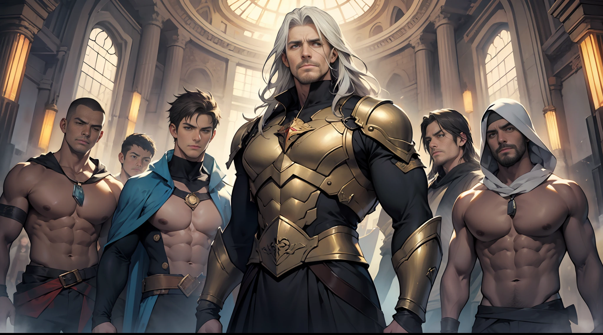 best quality, masterpiece, super detail, A tall man standing in the center of the Spirit and Goodness team, surrounded by a group of reliant companions, with a determined gaze and an expression of hope and expectation on his face.