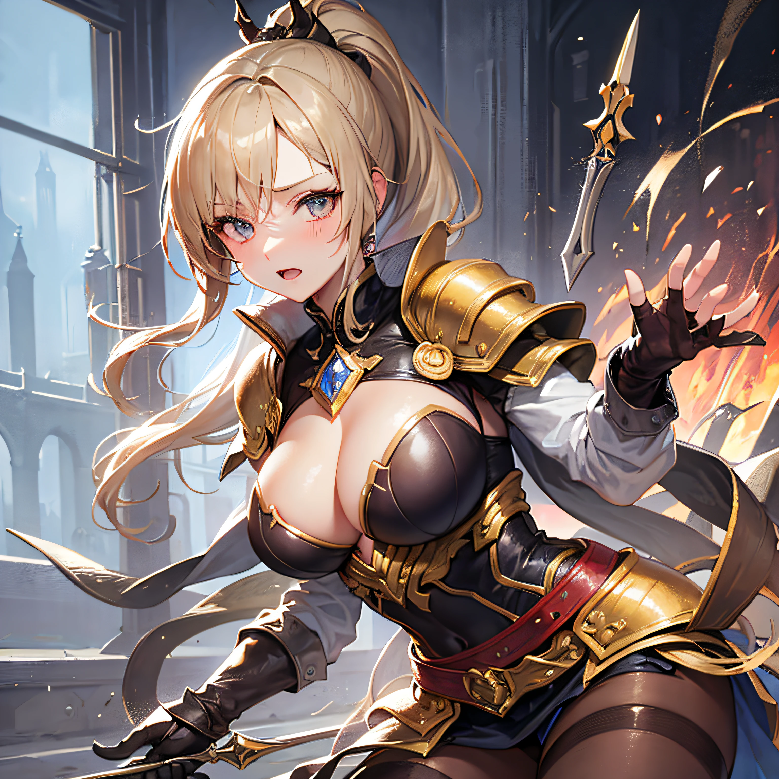 Peerless beauty,Perfect slim body,Mature royal sister face,Double ponytail curls,Knight armor,Sexy and seductive,Nice face,Full body like,4K quality,Feminine expression,Blush shyness,Star-like deep eyes,Huge breasts,a short skirt,Knife pulling posture。Overflowing bust,Fight Warcraft,speed lines,of the best quality,nmasterpiece,Magnificent background,On the battlefield,Clothes burst