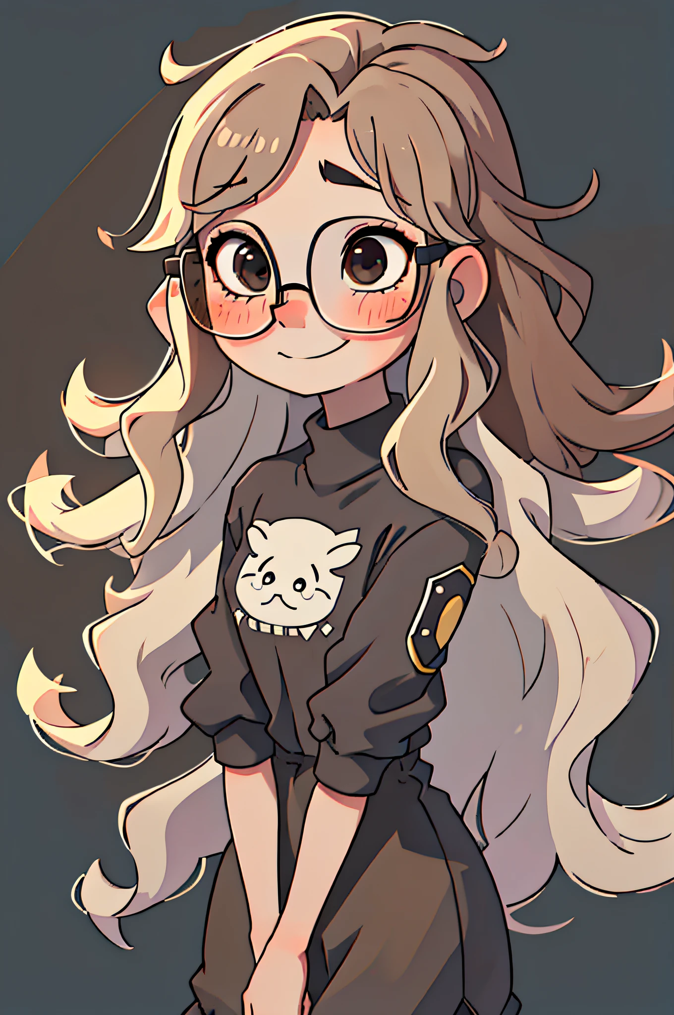 (a masterpiece), better quality, incredibly detailed illustration, a mature girl with pale and flushed skin, (hair with light brown waves:1.3) in a long length, bangs in the eyes, (cute transparent glasses:1.2), cute makeup, happy and shy, (black clothes)