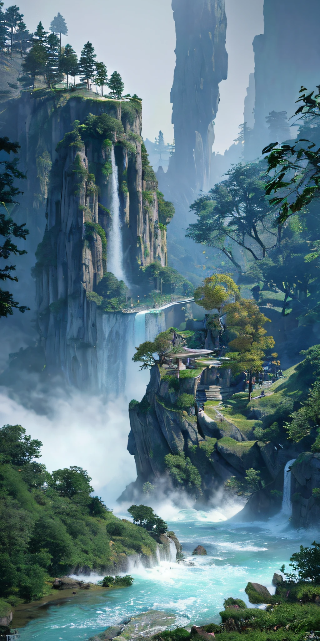 Analog style,ChromaV5,nvinkpunk,(extremely detailed CG unity 8k wallpaper),An image of a majestic river, trees on the sides, tiny waterfall, intense fog ,award winning photography, Chromatic Aberration, Detailed , HDR, Bloom, style by Monet, Pissarro, and Sisley ,trending on ArtStation, trending on CGSociety, art by midjourney