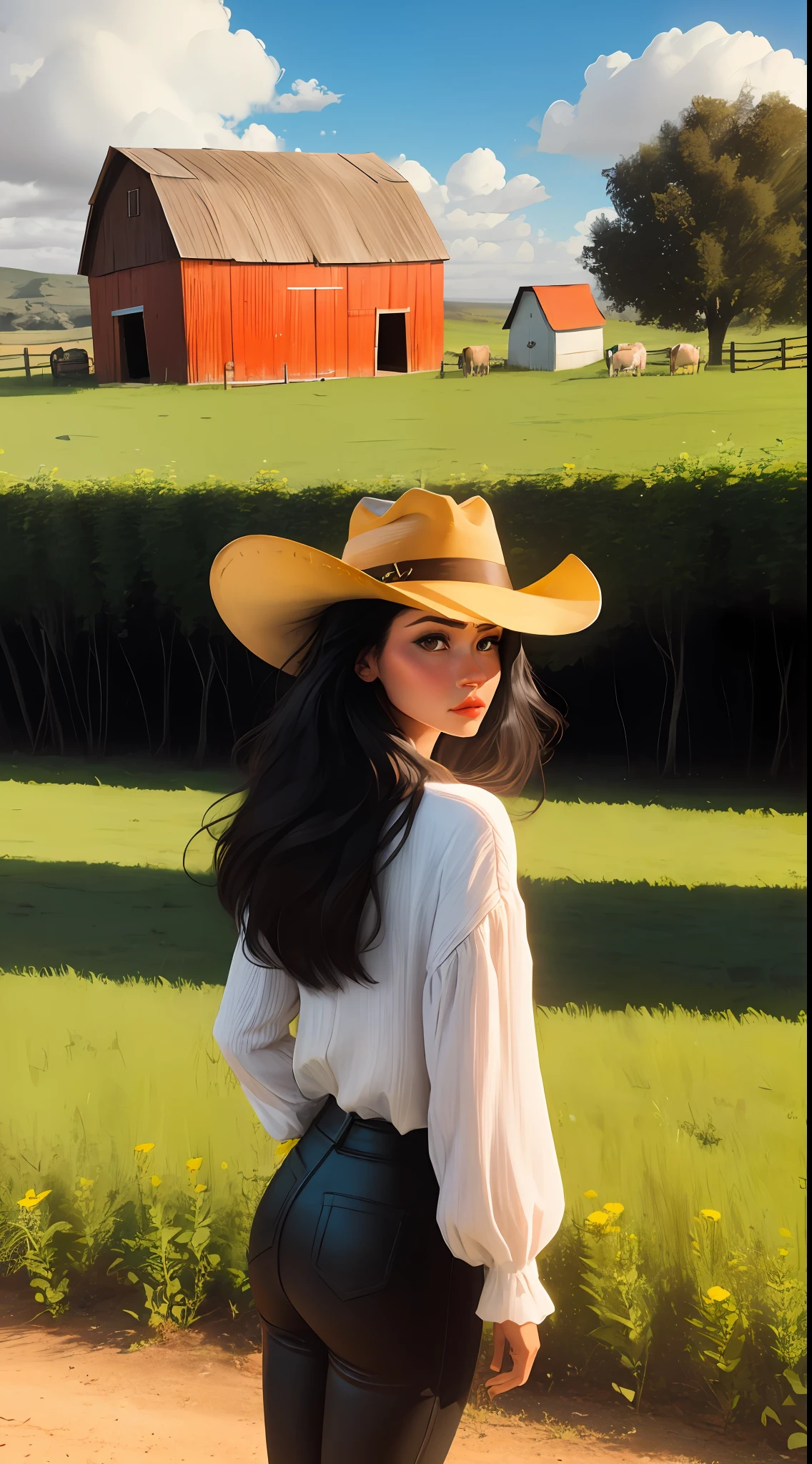 black hair, boiadeira, cowgirl hat, bota, barn, Surrealism, 8k, super detail