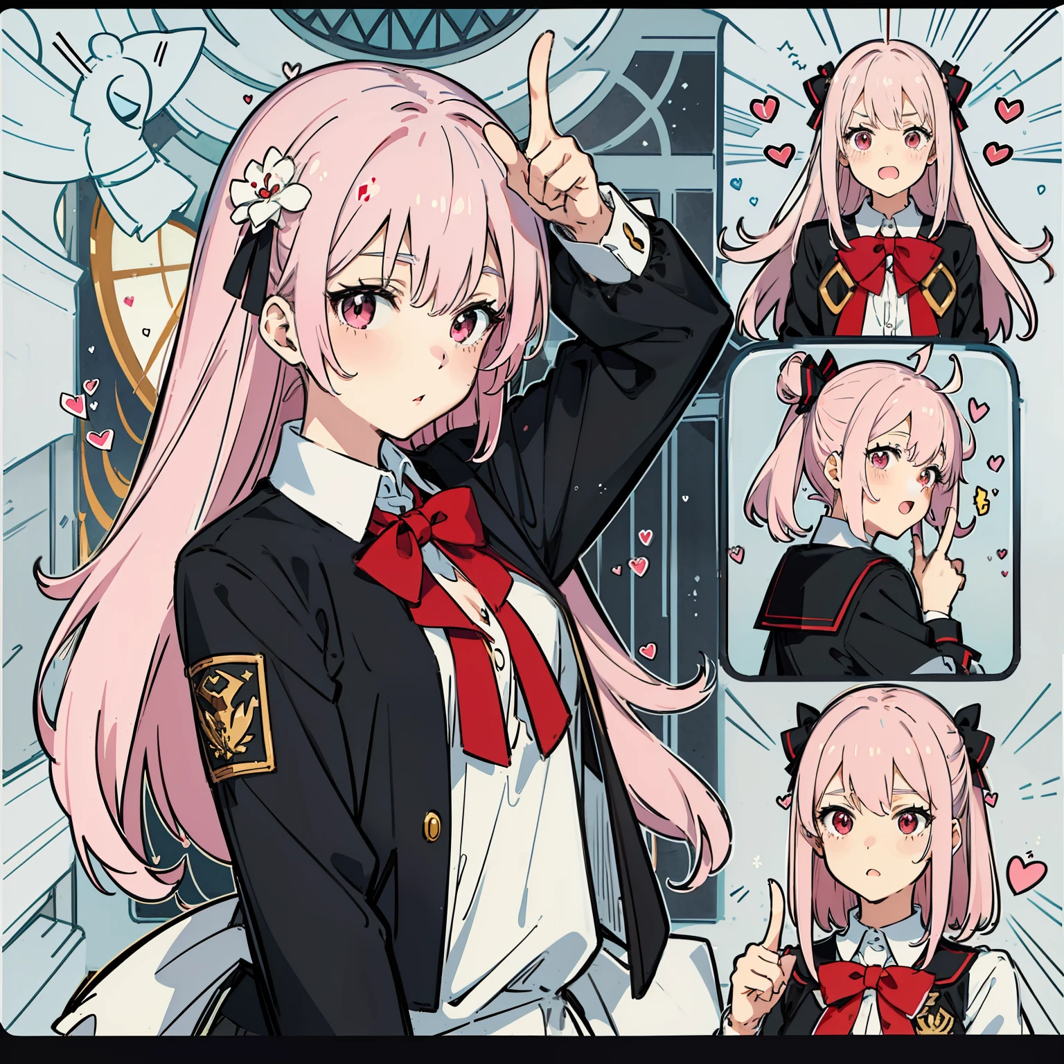 a pink haired anime girl in school uniform pointing her finger, in the style of humor meets heart, light crimson and white, sōsaku hanga, blocky, eye-catching, bombacore,