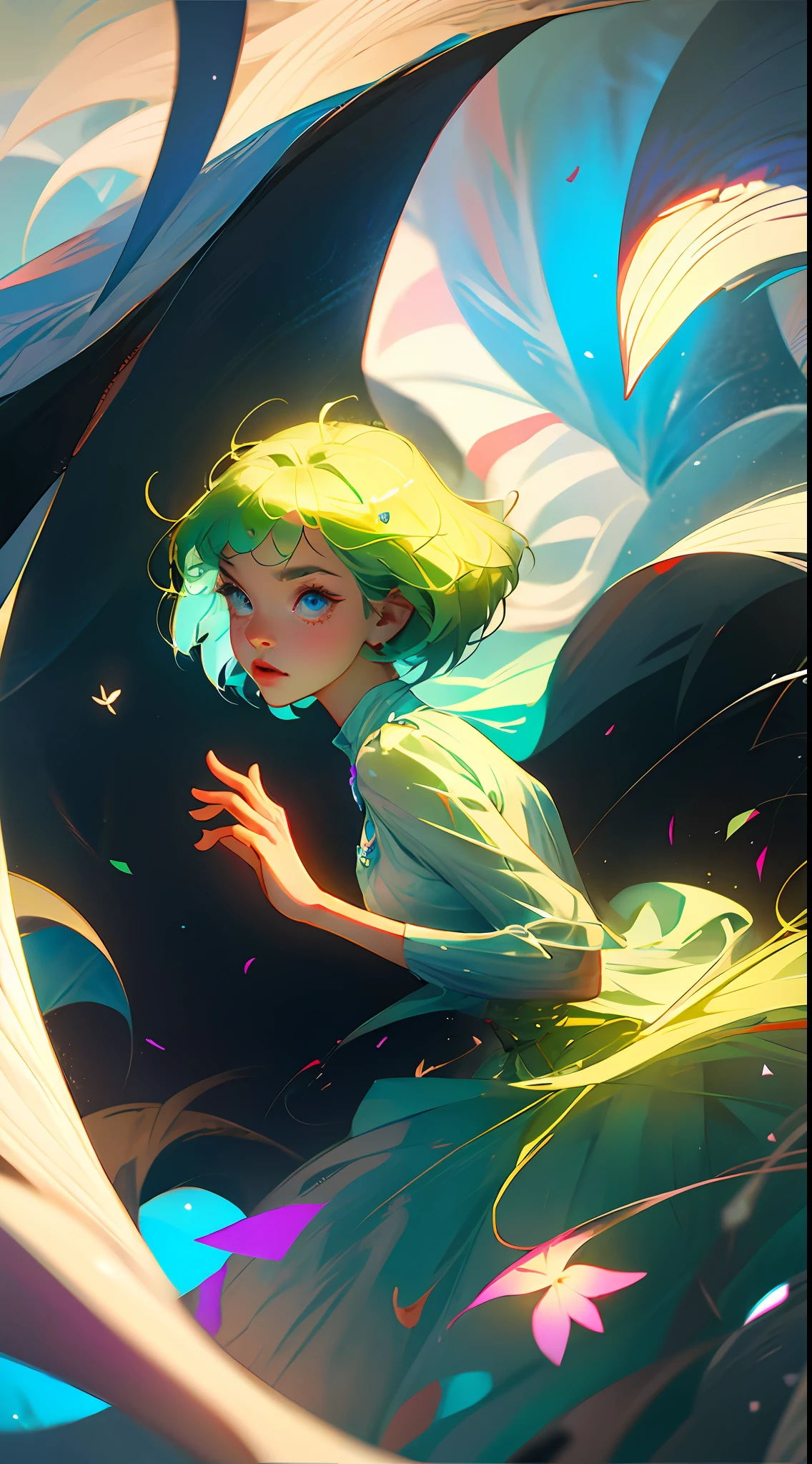 1 girl, short hair, green hair, big eyes, blue eyes