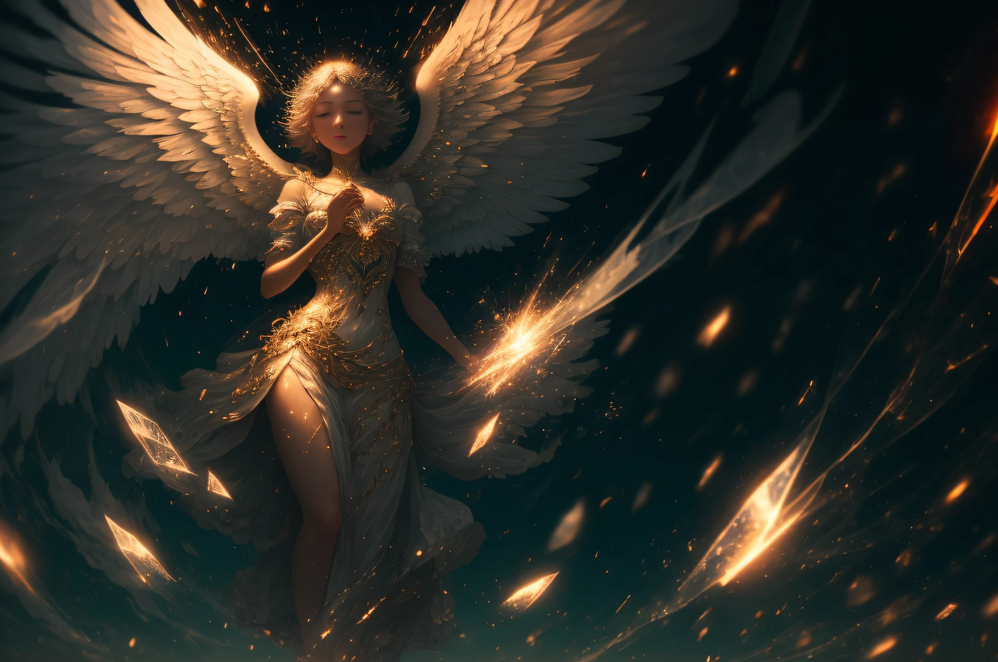 (masterpiece), (best quality:1.4), absurdres, [:intricate details:0.2], angel, angel wings, daytime sky,shimmering aura, intense focus, crackling energy, mysterious symbols, sparkling motes, --auto