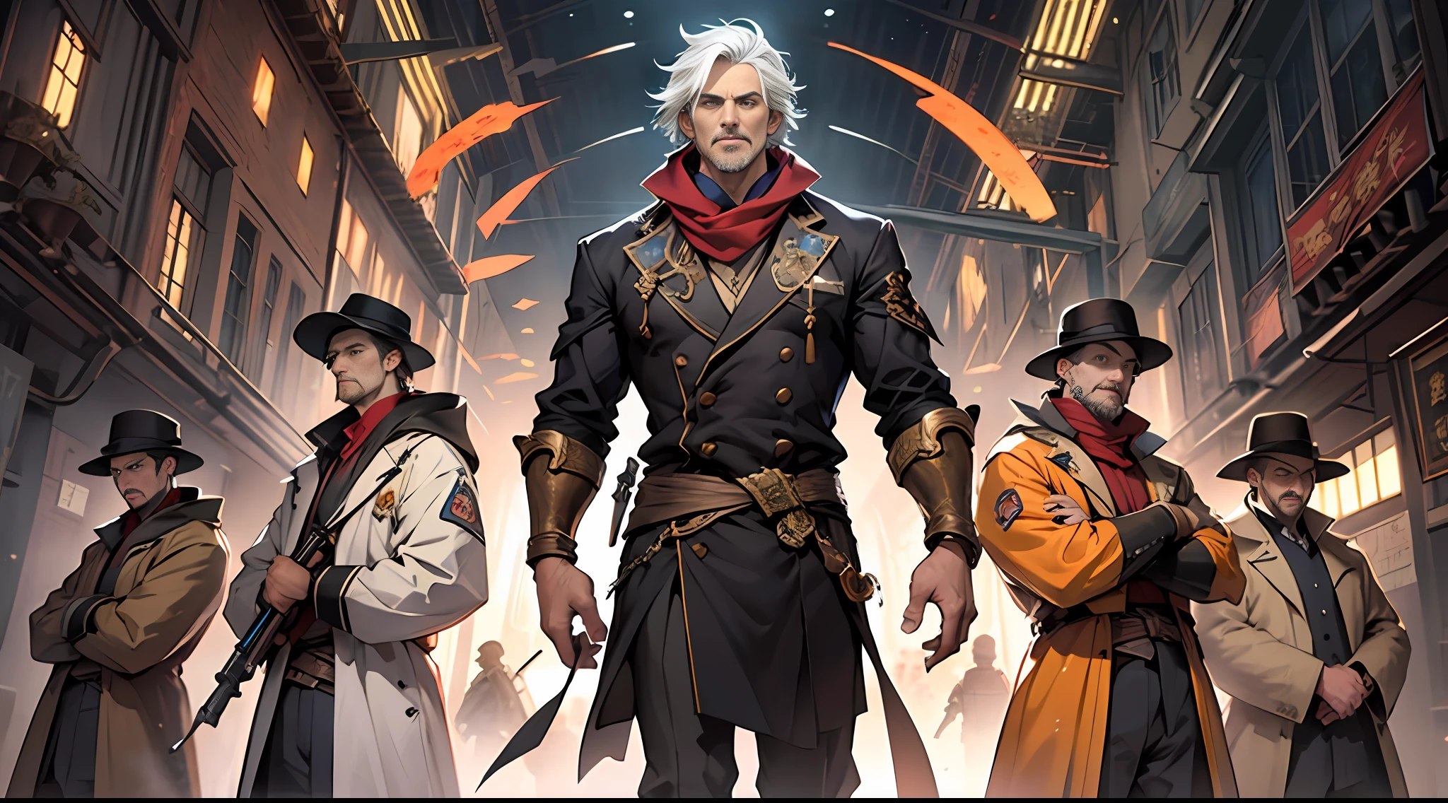 Best quality, 巨作, Super detail, A tall man standing in the center of the Spirit and Goodness team, surrounded by a group of reliant companions, Determined gaze,There was an expression of hope and anticipation on his face.