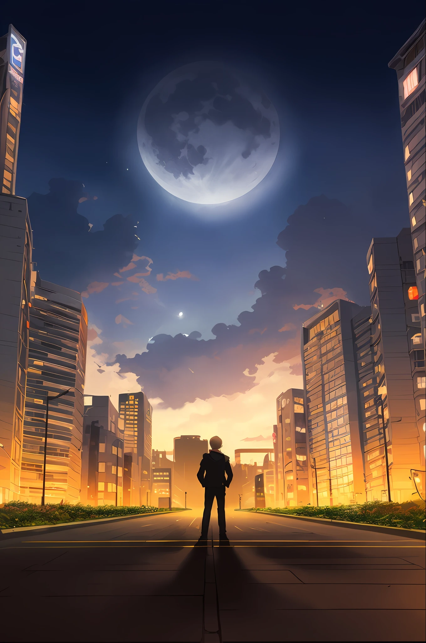 anime man standing in the middle of a city at night, Stylized urban fantasy artwork, anime style cityscape, hd anime cityscape, amazing wallpapers, 4k manga wallpapers, calm night. Digital illustration, anime movie background, Anime art wallpaper 8 K, neo tokyo background, Makoto Shinkai Cyril Rolando, the moon is big an in the city，bushes，The green belt is illuminated by warm lighting