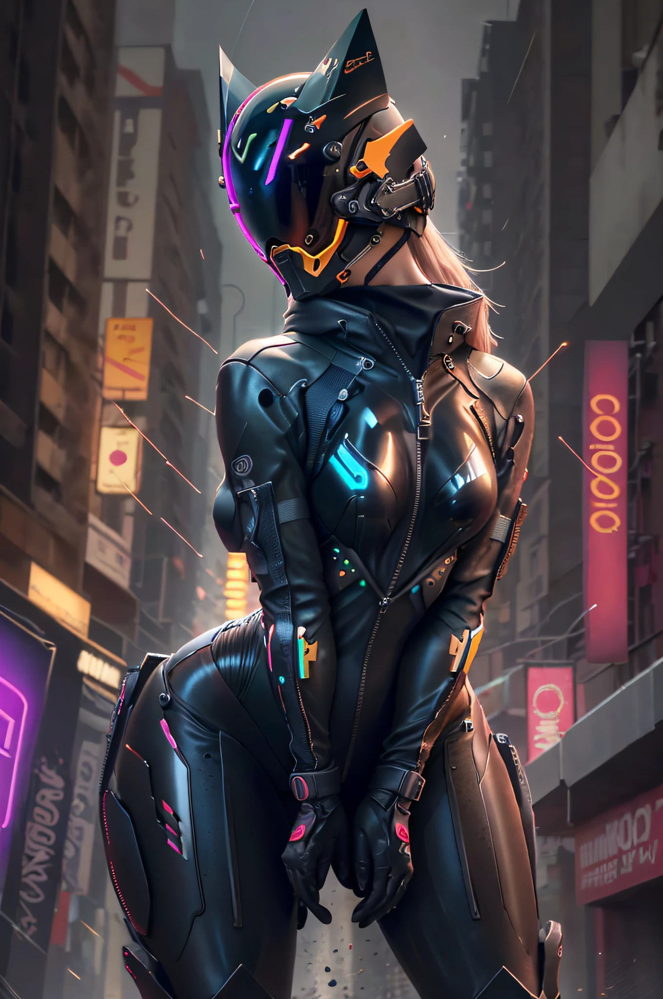 solo, Raw photo, realistic, masterpiece, best quality, high resolution, ultra detailed, offical arts, unity 8K wallpaper, offical wallpaper,  moody atmosphere, chiaroscuro, celty, 1girl,1female, helmet, bodysuit, black bodysuit, skin tight, biker clothes, animal ears, bikesuit, leather, large breasts, night, moonlight, gloves, (((unzipping))), innerboob, pose, a person in a cyberhelmet, white cyberhelmet, fantastic, close up, motion lines, buttom up top down,  bent over, hyper detailed, neon lights, neon colors, cyberpunk, reflections, shining, sparks,   shy and seductive posture arching your back down,