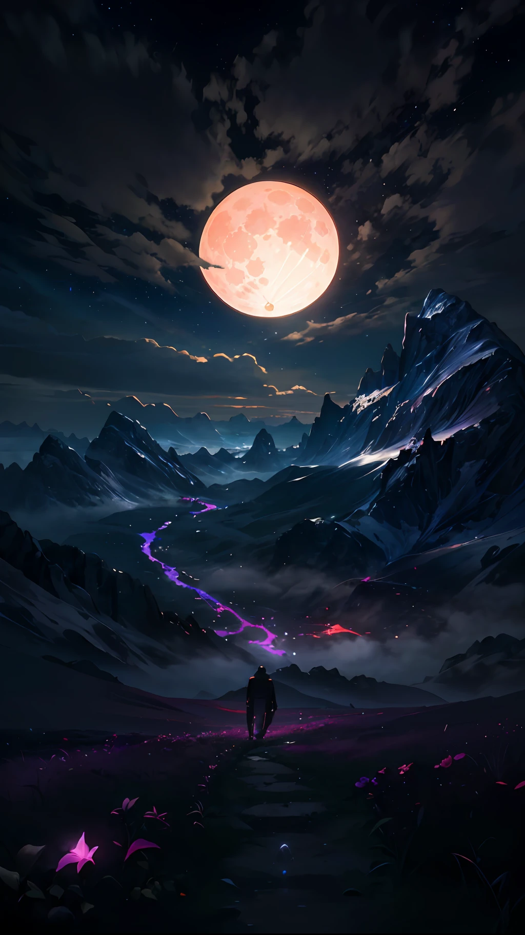 expansive landscape photograph , (a view from below that shows sky above and open field below), a boy with supernatural outfit standing on flower field looking up,(close portrait:1.2)(full moon:1.2), (shiny hills valley)( shooting stars:0.9), (nebula:1.3), distant mountain, tree BREAK
production art, (warm light source:1.2), (lighting grass:1.2),short trees with super leafs, lot of purple and orange, intricate details, volumetric lighting, realism BREAK,(dark:1.2)
(masterpiece:1.2), (best quality), 4k, ultra-detailed,(supernatural:1.2),(dynamic composition:1.4), highly detailed, colorful details,( iridescent colors:1.2), (glowing lighting, atmospheric lighting), dreamy, magical, (solo:1.2)