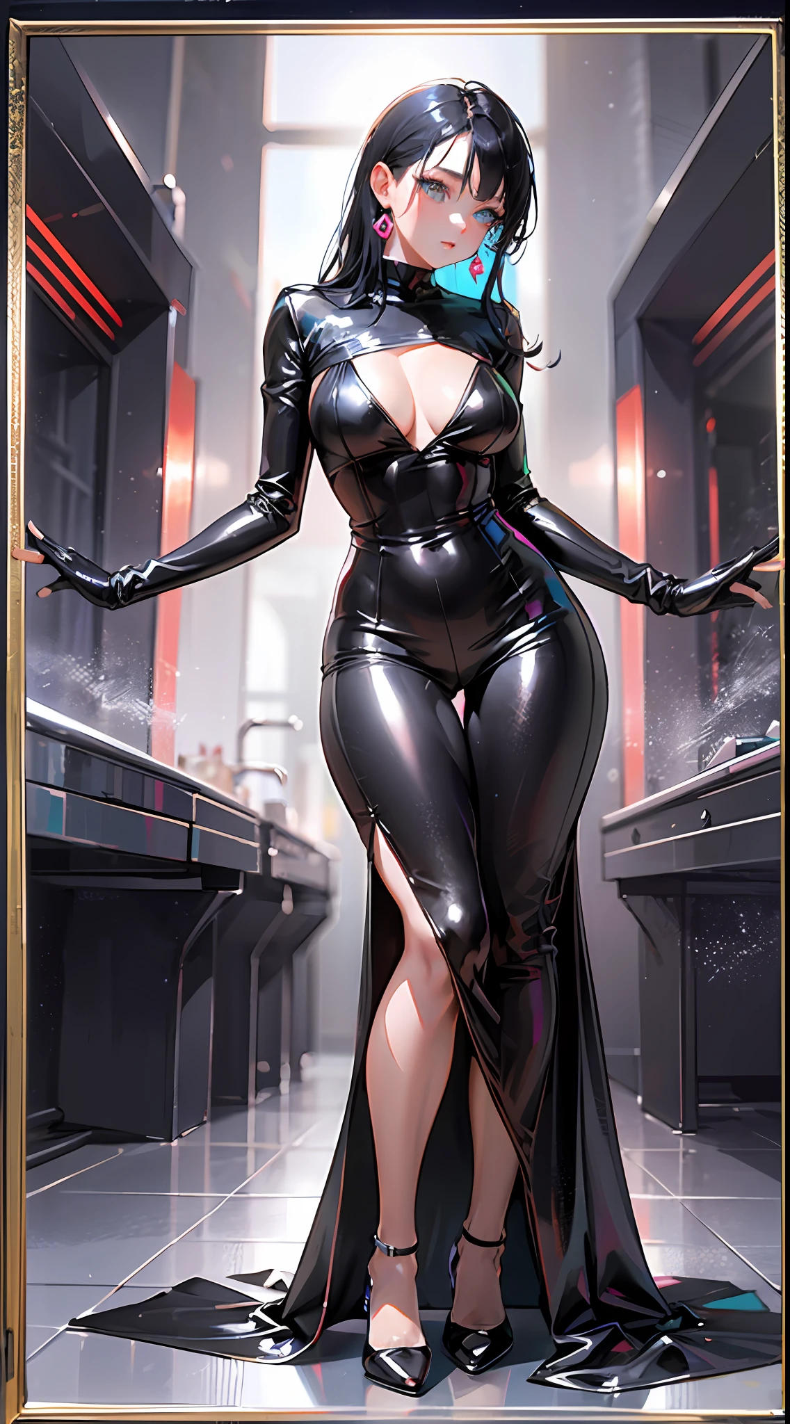 a woman in a black dress and high heels posing for a picture, shiny black dress, tall thin beautiful goddess, sexy style, tall and slender, wearing a black bodysuit, stunning elegant pose, inspired by Helmut Newton, wearing leather swim suite, sexy :8, sexy dress, photo of slim girl model, sexy look, from below, perspective, outside border