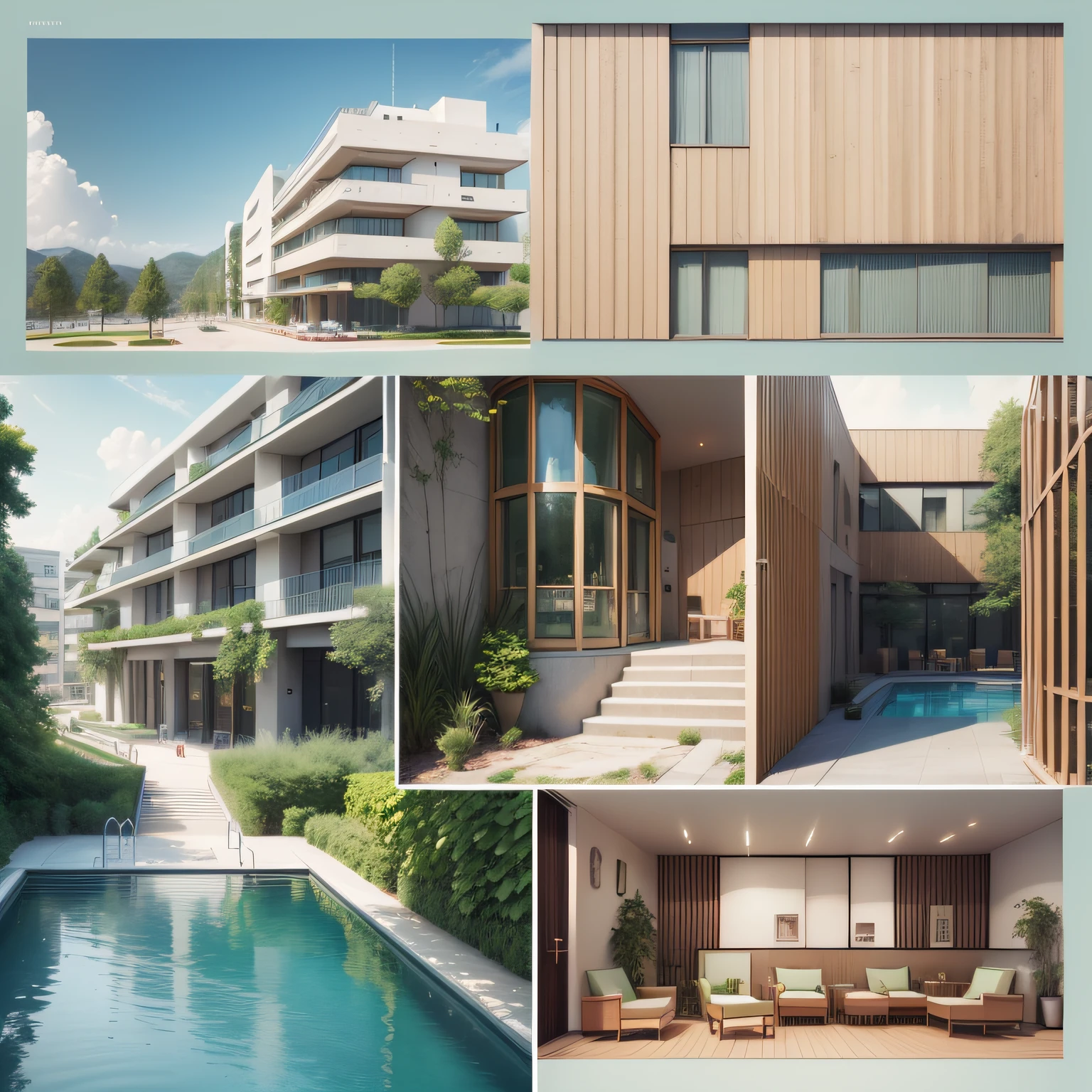 Imagine details sheet minimal style architectural competition, grande hotel moderno, bastatante detalhado, various images, greenery around the hotel with a large swimming pool
