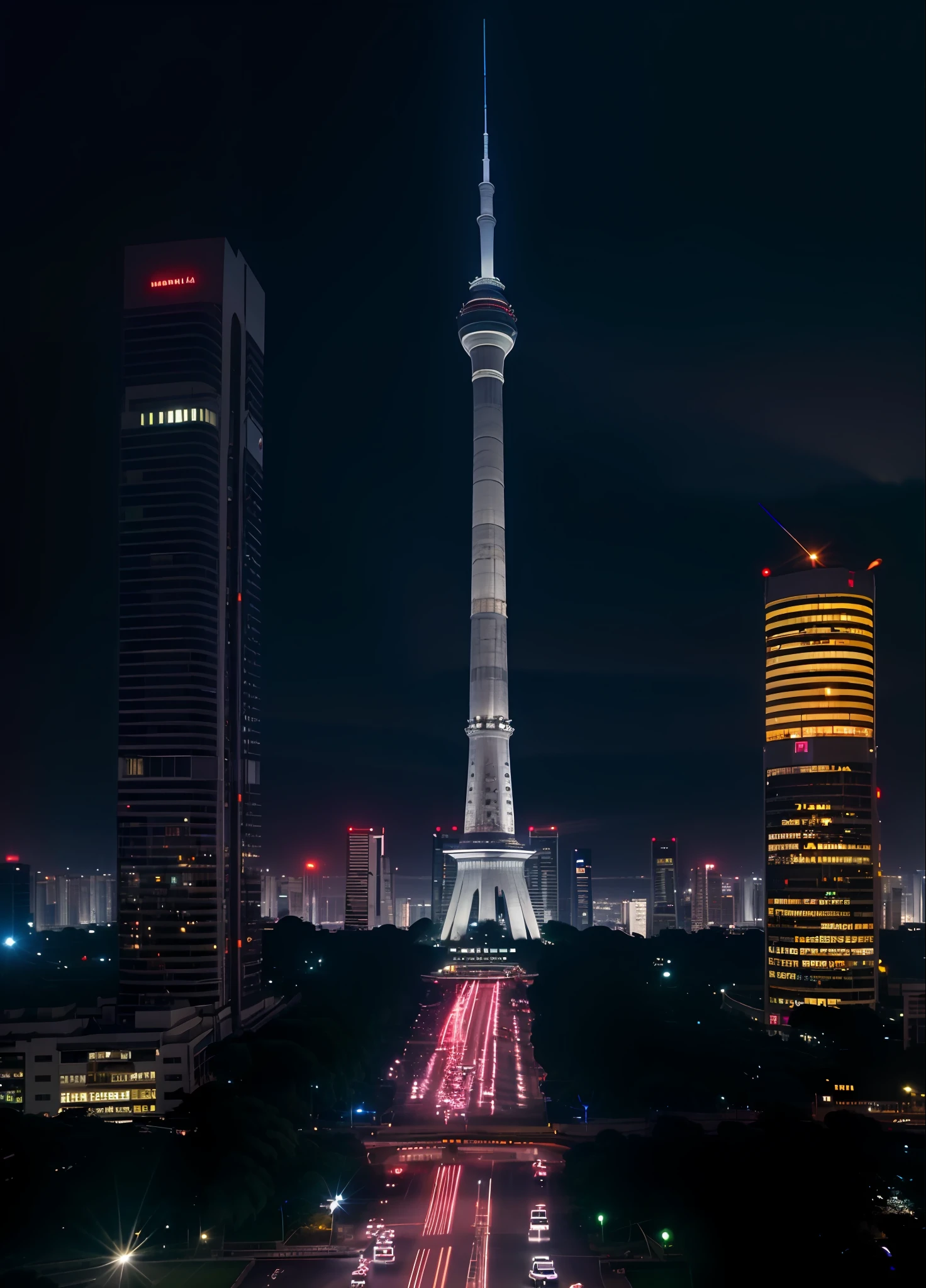 Indonesia futuristic jakarta city monas, cyberpunk, midnight, movie still, 80mm lens, masterpiece, best quality, (film grain:1.1), ultra high res, RAW
