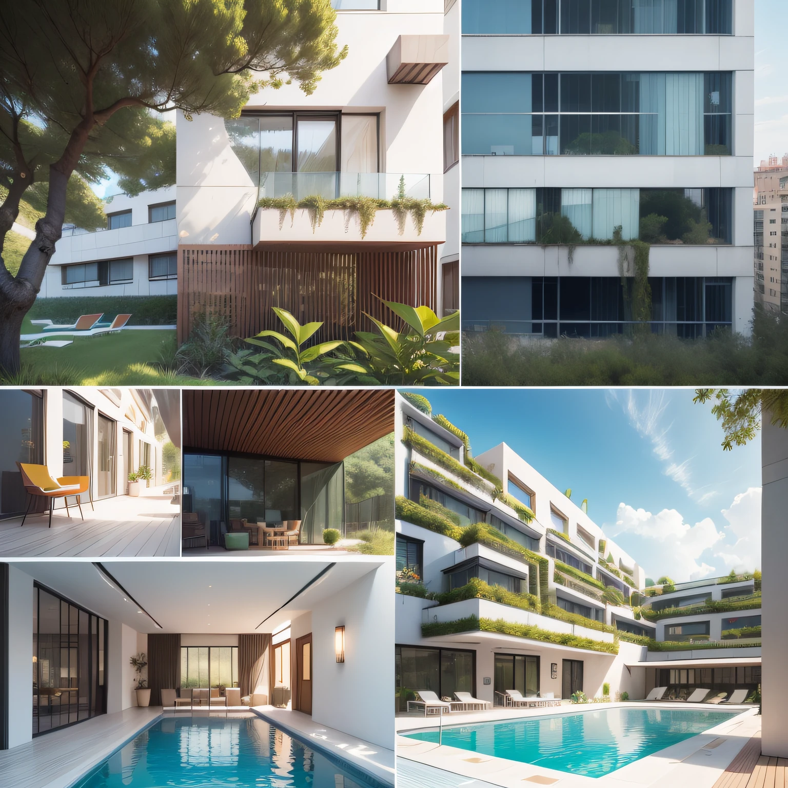 Imagine details sheet minimal style architectural competition, grande hotel moderno, bastatante detalhado, various images, greenery around the hotel with a large swimming pool