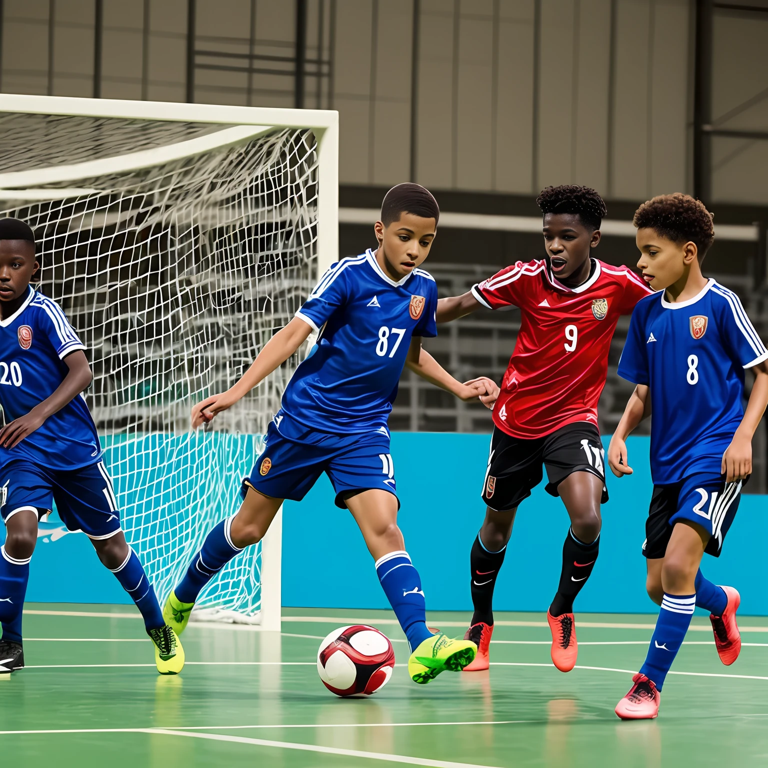 s africanos jOGANDO FUTSAL, ROSTOS BEM DETALHAOS, GOL