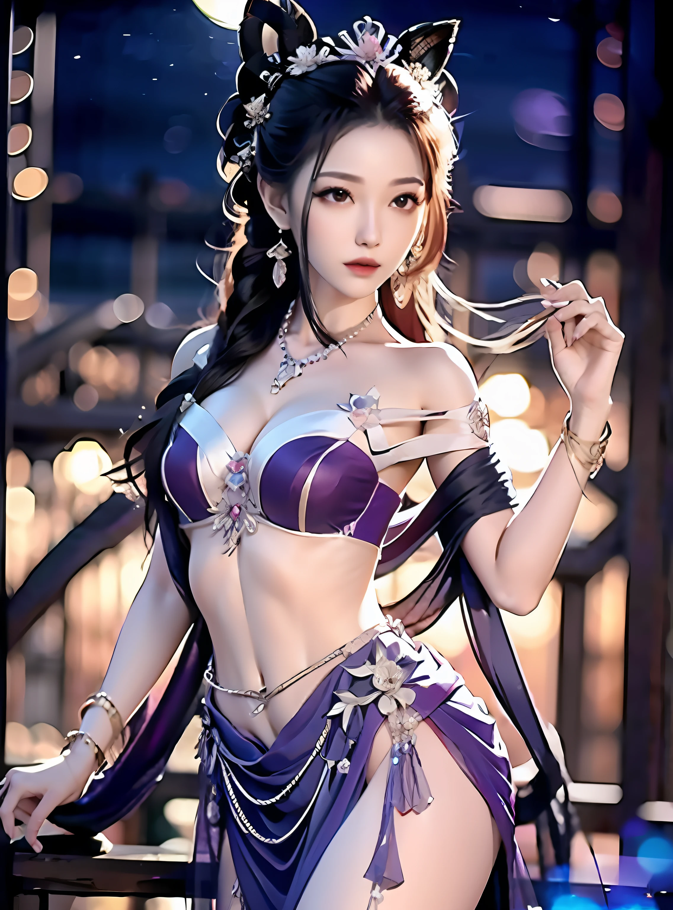 Bust photo, a beautiful woman, messy hair, girly, symmetrical bun, hair accessories, jewelry, delicate face, eye shadow, purple top, purple, purple, crop navel, purple long skirt, Dunhuang style, delicate embroidery, silver decoration, silver streamer, white streamer, light blue streamer, delicate skin, soft light effect, delicate and smooth hair, delicate details, eye highlights, fair skin, fine portrayal, extreme details, cinematic quality, thin, slender, broken, hair details, thin bangs, shawl hair, right body, shadow, air bangs, 8K, super fine, fine fabric texture, soft, supple, smooth texture, Dunhuang style, delicate pattern, correct hand painting, anatomical correct, accurate, night, dark night, lighting, Tyndall effect, ray tracing, HUD, outdoor, outdoor, desert