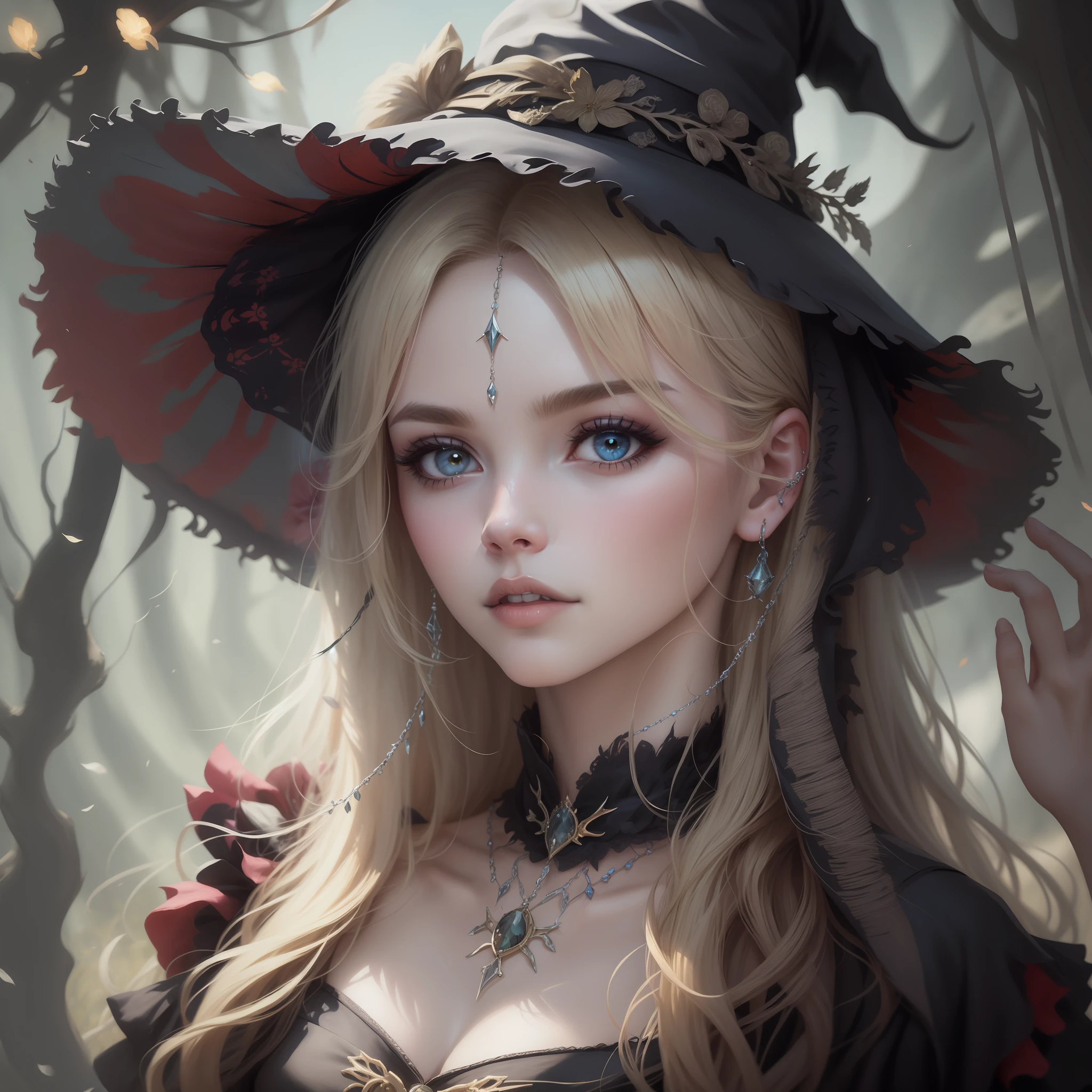 blond haired woman with a witch hat and a black dress, Retrato de uma jovem bruxa, estilo de arte de fantasia, classical witch, Retrato de uma jovem bruxa, Conto de fadas de bruxa, cara bonito. fantasia sombria, bruxa, Retrato de uma bruxa, beautiful witch female, retrato bonito da arte da fantasia, feiticeira bonita, por Yang J, retrato da fantasia