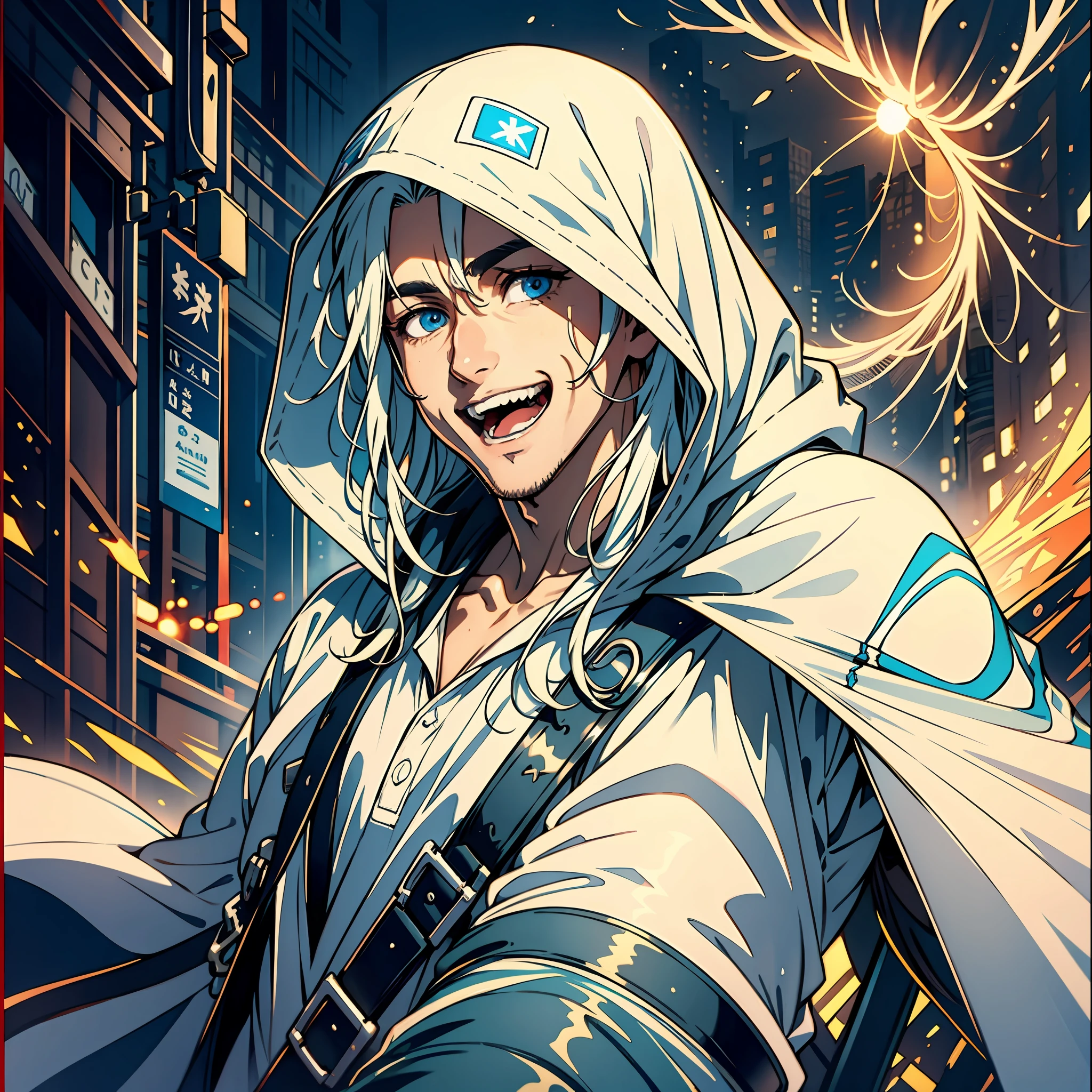 A 25-year-old man,Nice blue eyes,White long hair,big laughter,Toothy smile,Grew a mouth,Sun'rays,Streets,automobile,Hooded storm jacket,sidelighting, Masterpiece of the best quality,8K,intensely detailed,highly quality,high resolucion
