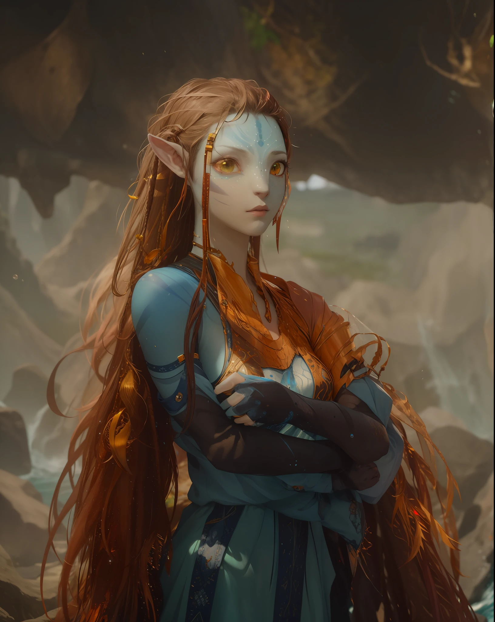 (Masterpiece, High res), Avatar girl hunting, water, IMAX, chromatic aberration, depth of field, ocean, waterfall, blue skin, dress, sci-fi, detailed, realistic, cinematic lighting, AOA, Na'vi