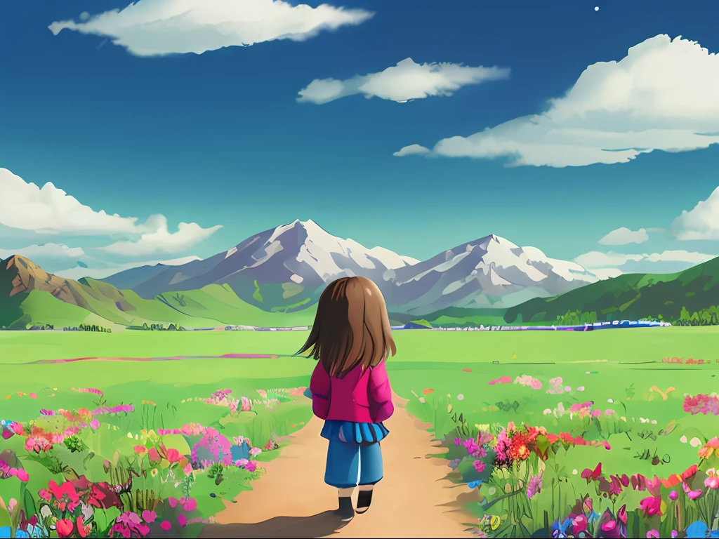 A girl and a cat,Simple background,Vivid clouds,The Sun,grass field,blossoms,mountain peaks,children’s drawing, based on child's drawing,Standard composition,Distant cities,Grown-up