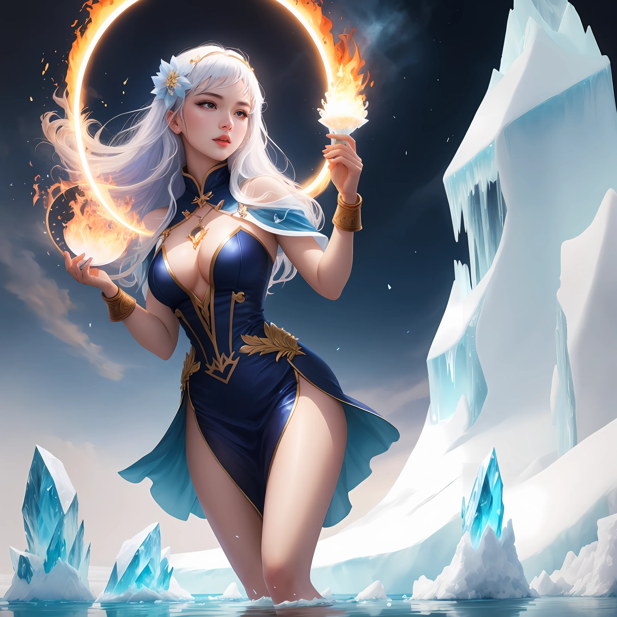 Stand in a disc on the water，Fire in the hands，A circle of fire is raging around the body，Towering icebergs，All Ice World，Endless icebergs，Dark blue light，Art germ on ArtStation Pixiv, Goddess of Light, IG model | Art germ，