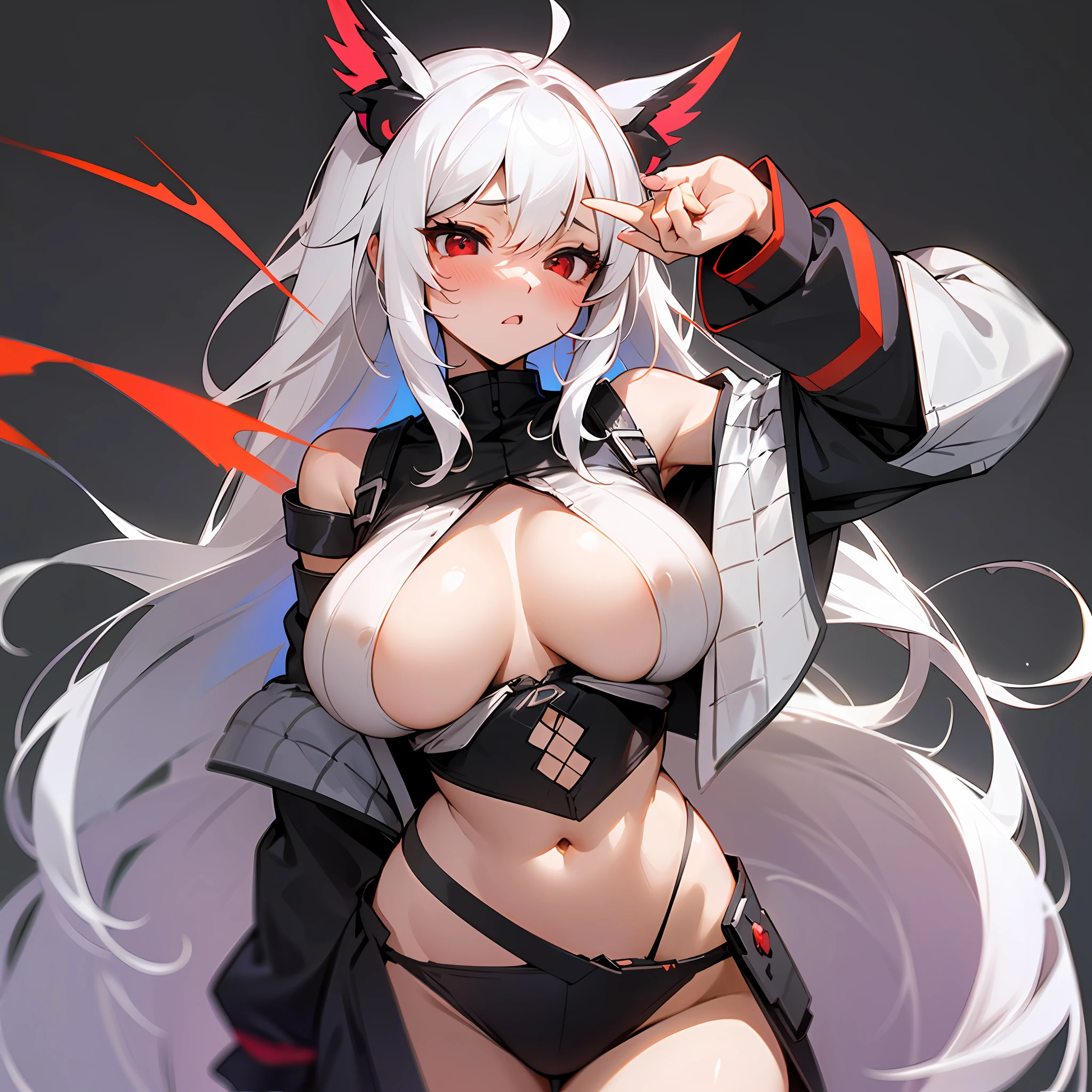 (Pure and minimalist black background),(The girl has red eyes and white hair, Large big tits, up bare, 乳頭, Breast coverage, Panties, A distant vista),(Tsundere sexy and energetic style)