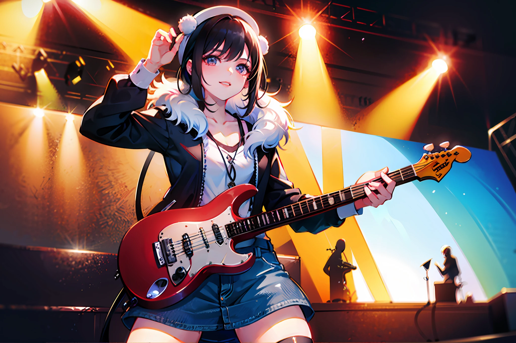 (masterpiece, best quality, hi-res:1.2), 1girl, solo,t,(electric guitar:1.6),rocker-chic, fur \(clothing\), black legwear, hat bobbles, stage, stage lights, audience, black hair, underwear, band,