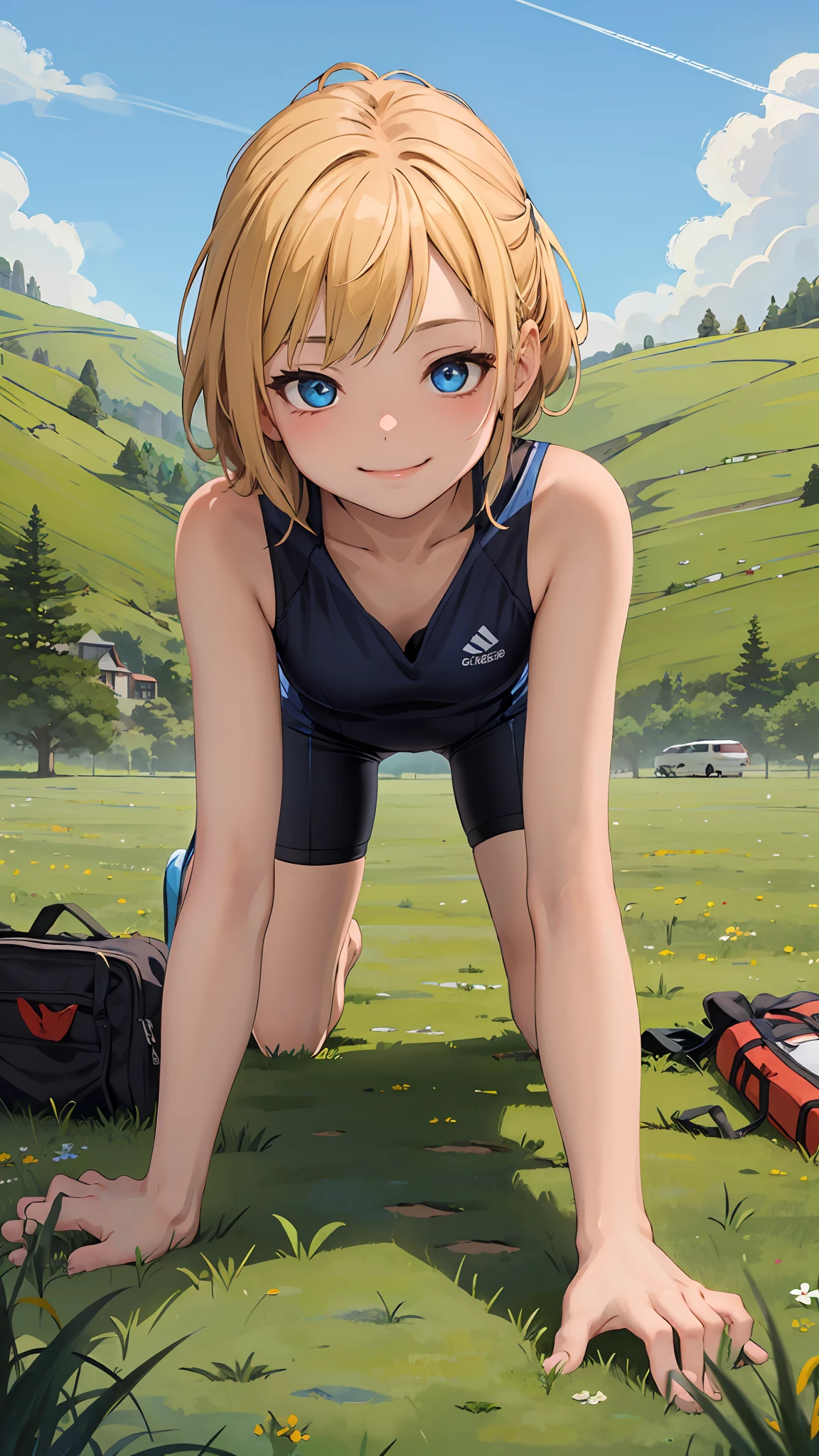 best quality, masterpiece, small breasts, little girl, smile, cycling shorts, alone, anime style, daytime, blue sky, blue eyes, detailed eyes, medium hair, blonde hair, loose hair, bangs, butt, get down on all fours, grass field,