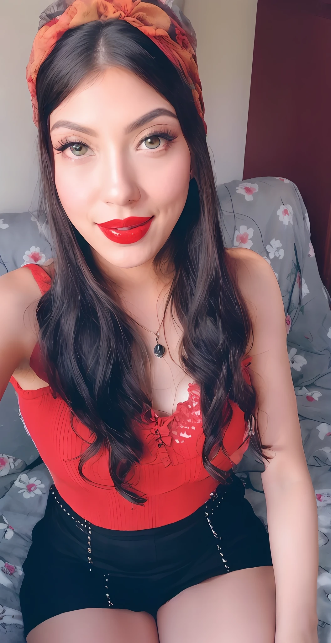 mulher arafed com batom vermelho e um top vermelho sentado em uma cama, red lips, sexy red lips, thick red lips, Big Red Lips, cheeky smile with red lips, usando um vestido de sol vermelho, luscious red lips, Batom vermelho no rosto, Batom vermelho, usando um vestido vermelho, small and thick red lips, usando vestido vermelho, usando uma roupa vermelha