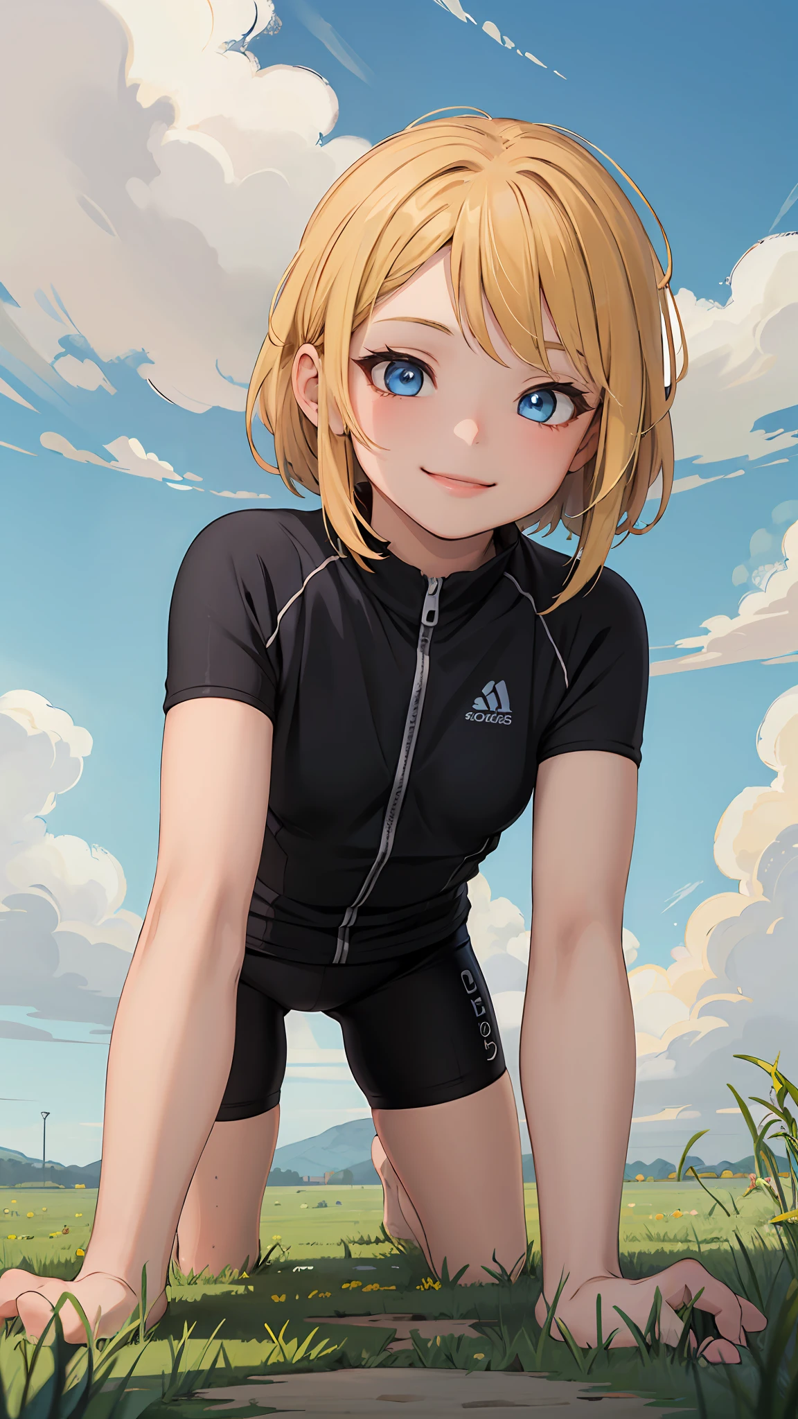 best quality, masterpiece, small breasts, little girl, smile, cycling shorts, alone, anime style, daytime, blue sky, blue eyes, detailed eyes, medium hair, blonde hair, loose hair, bangs, butt, get down on all fours, grass field,