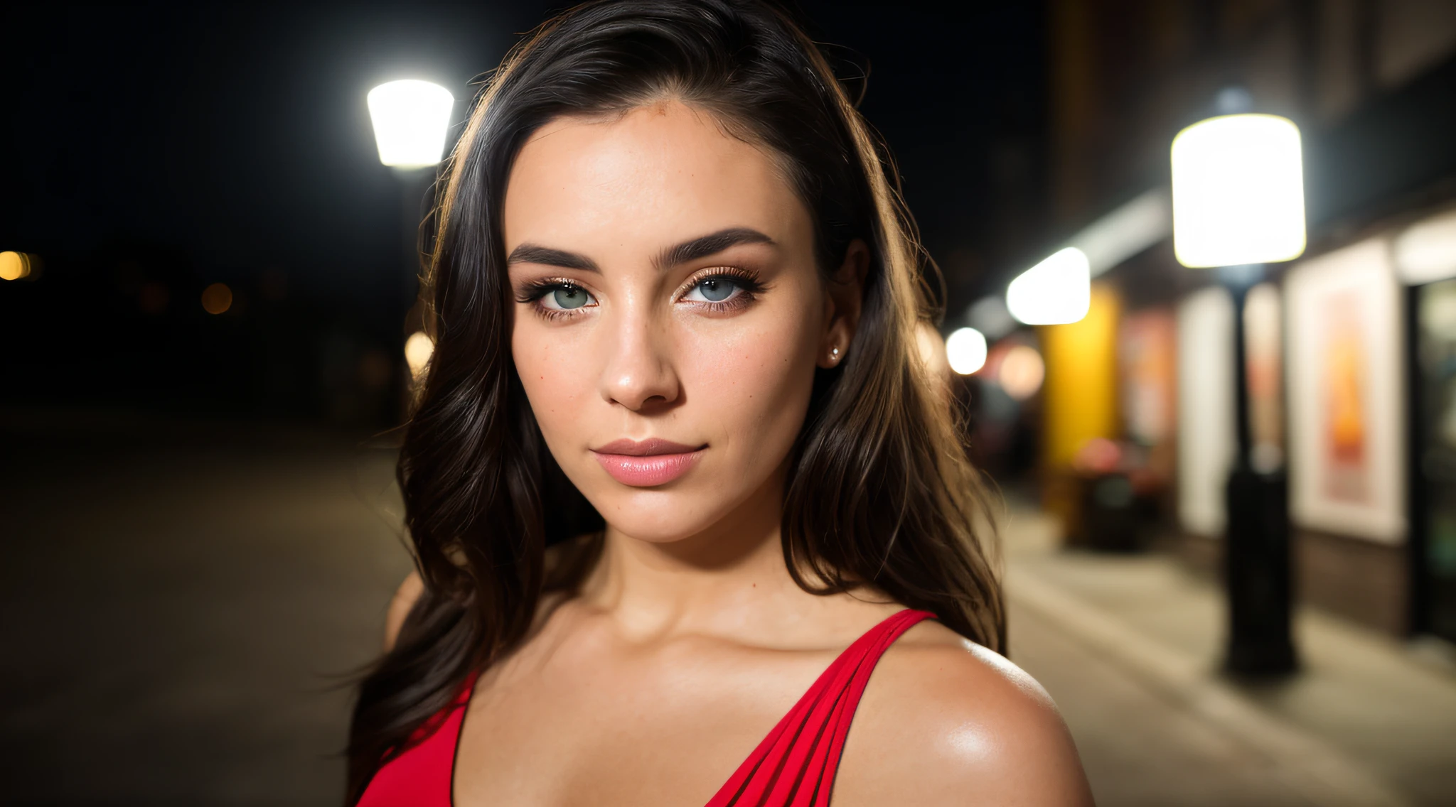 Lana Rhoades, (selfie, top view: 1.4), (straight half body: 1.4), RAW UHD portrait photo of a 24-year-old blonde (blue-eyed woman) walking down a dark alley, natural breasts_b, night city, (red sundress), (neckline), detail (textures!, hair!, glitter, color!, disadvantages: 1.1), highly detailed glossy eyes, (looking at the camera), mirror lighting, DSLR camera, ultra quality, sharp focus, sharpness, depth of field, film grain, (center), Fujifilm XT3, crystal clear, center of frame, pretty face, sharp focus, street lamp, neon lights, bokeh, (dimly lit), low key, night, (night sky) detailed skin pores, oiled skin, tan, intricate eye details
